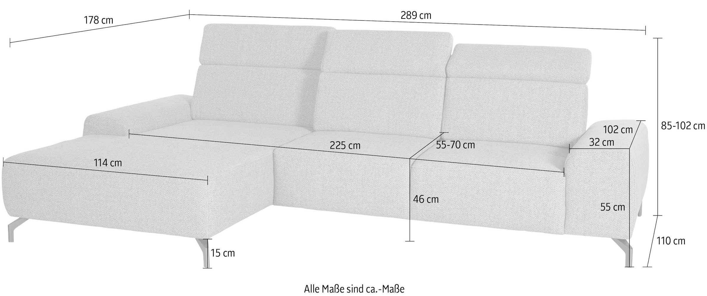 sit&more Ecksofa »Gizeh L-Form« Fusshöhe 15 cm, inklusive Sitztiefenverstellung und Kopfteilverstellung