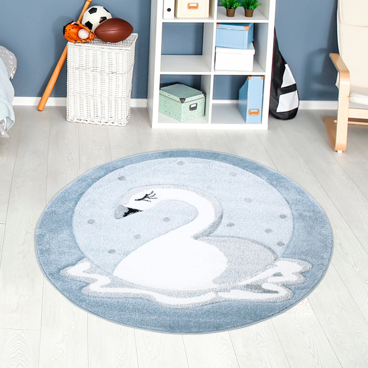 Image of Carpet City Kinderteppich "Bueno Kids 1315" rund 13 mm Höhe Spielteppich, Schwan, 3D-Effekt, Weicher Flor, Pflegeleicht