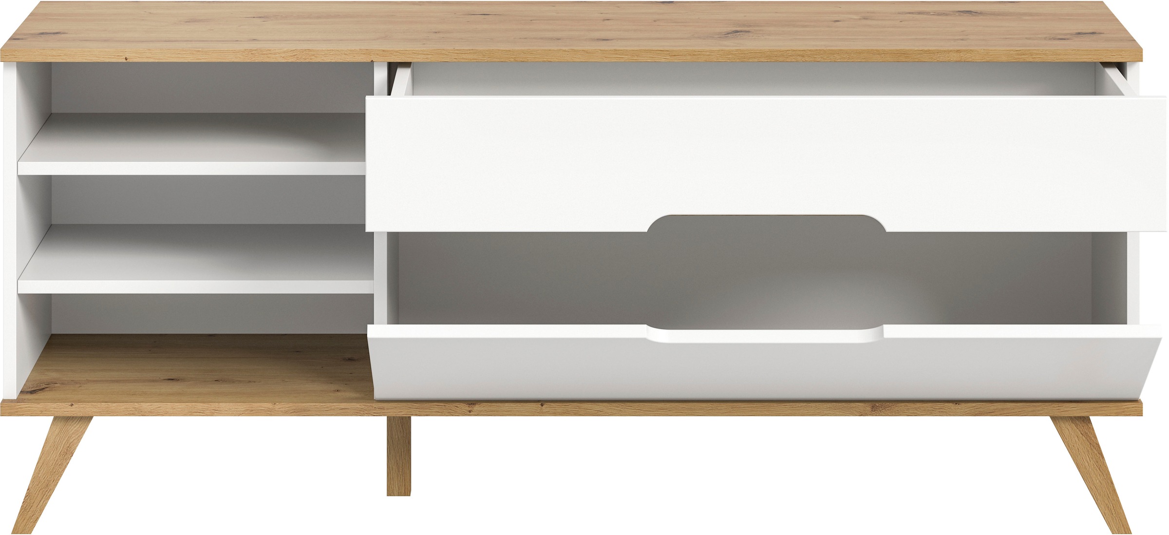 Home affaire Lowboard »Alesund, Breite 140 cm, 1 Klappe, 1 Schubkasten, konischer Fuss«, Scandi-Look, TV-Möbel, TV-Schrank, TV-Lowboard, Mediaboard, Wohnmöbel