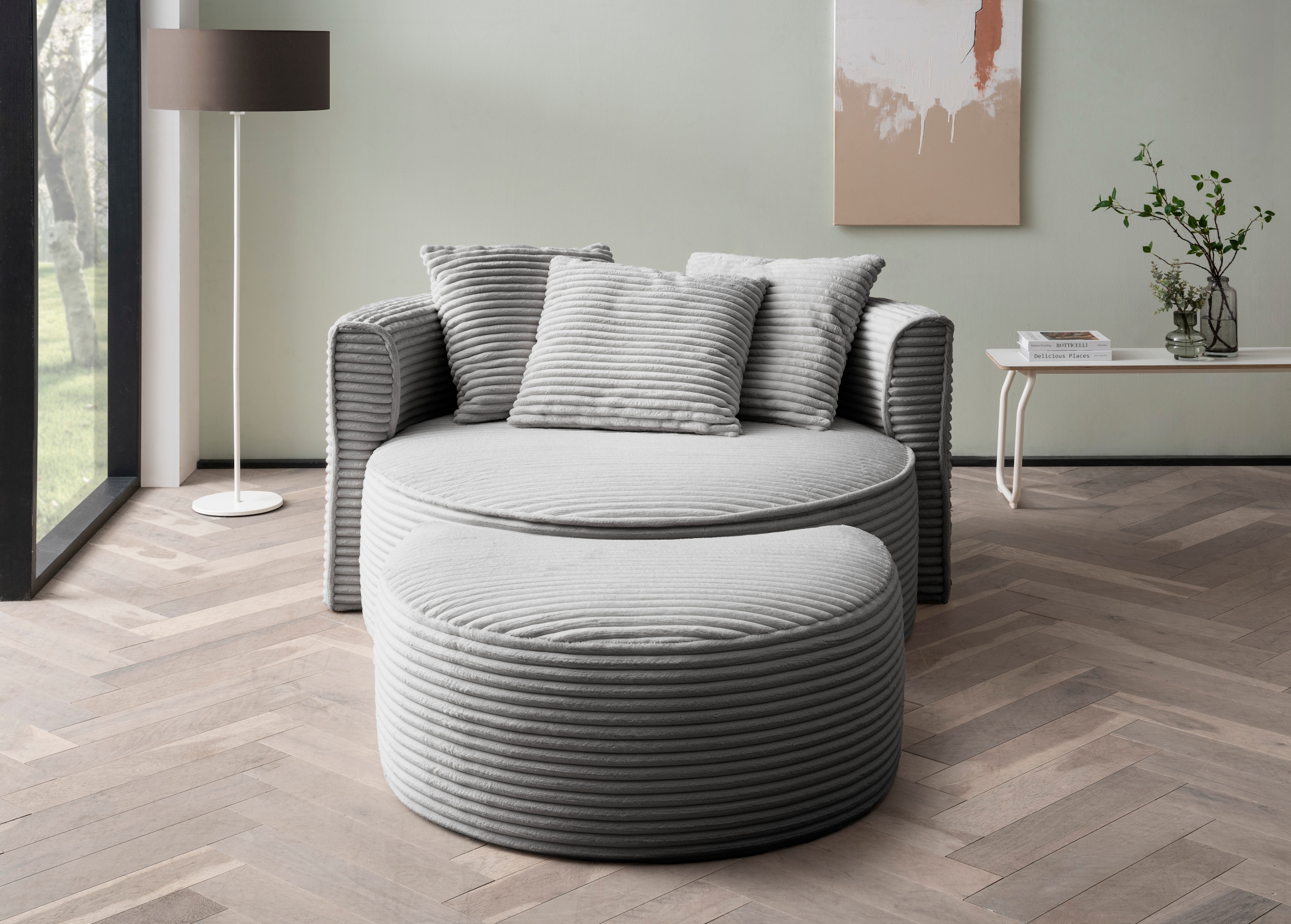 LeGer Home by Lena Gercke XXL-Sessel »ISALIE, Rundsessel mit Hocker, Lesesessel, Loveseat, Big-Sessel«, (Set), trendige Stoffe, 3 Zierkissen, grosse Sitzfläche, Cord, Samt, Bouclé