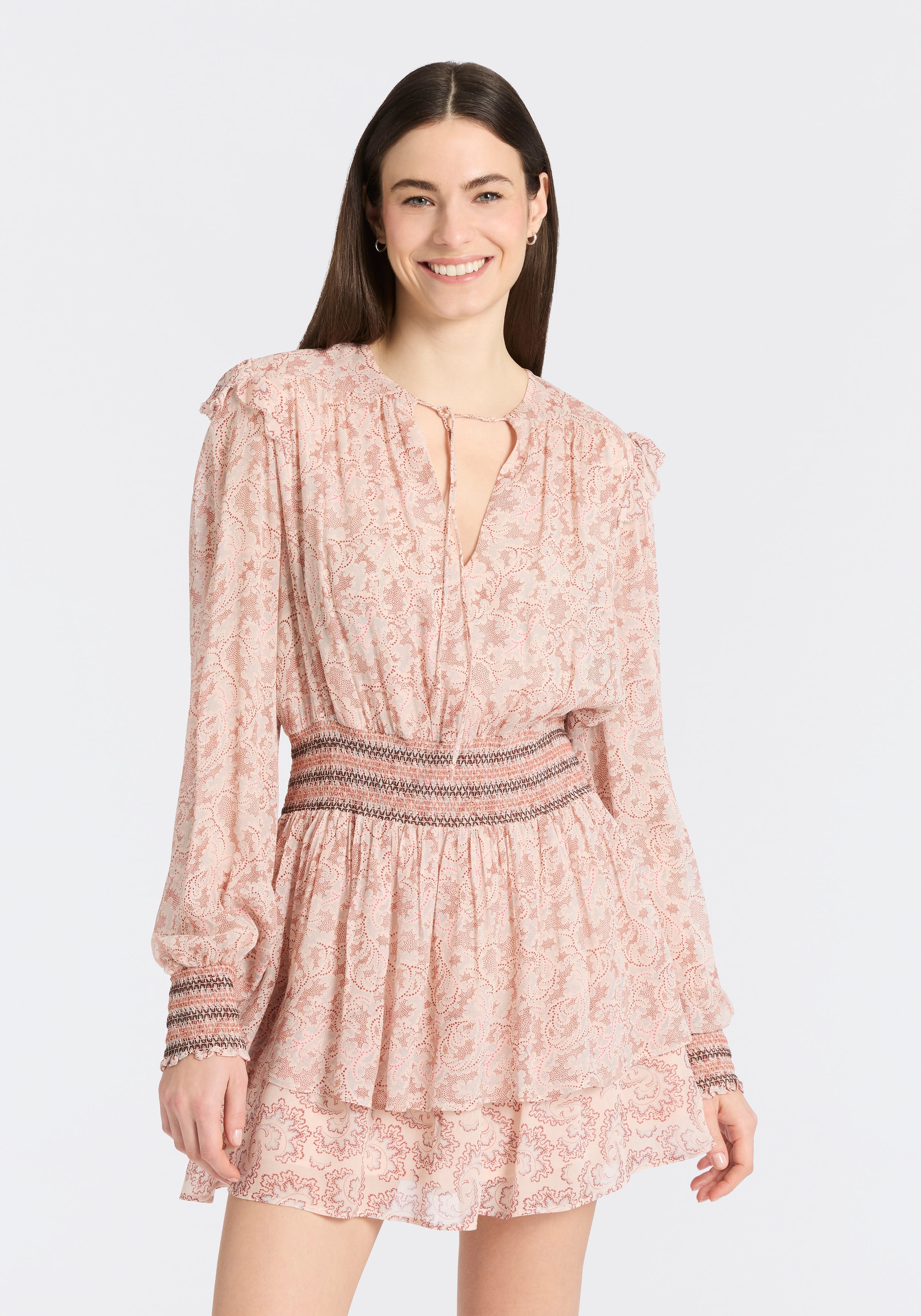 Image of BOSS ORANGE Druckkleid "Darmia Premium Damenmode" mit Volants und gesmokten Details