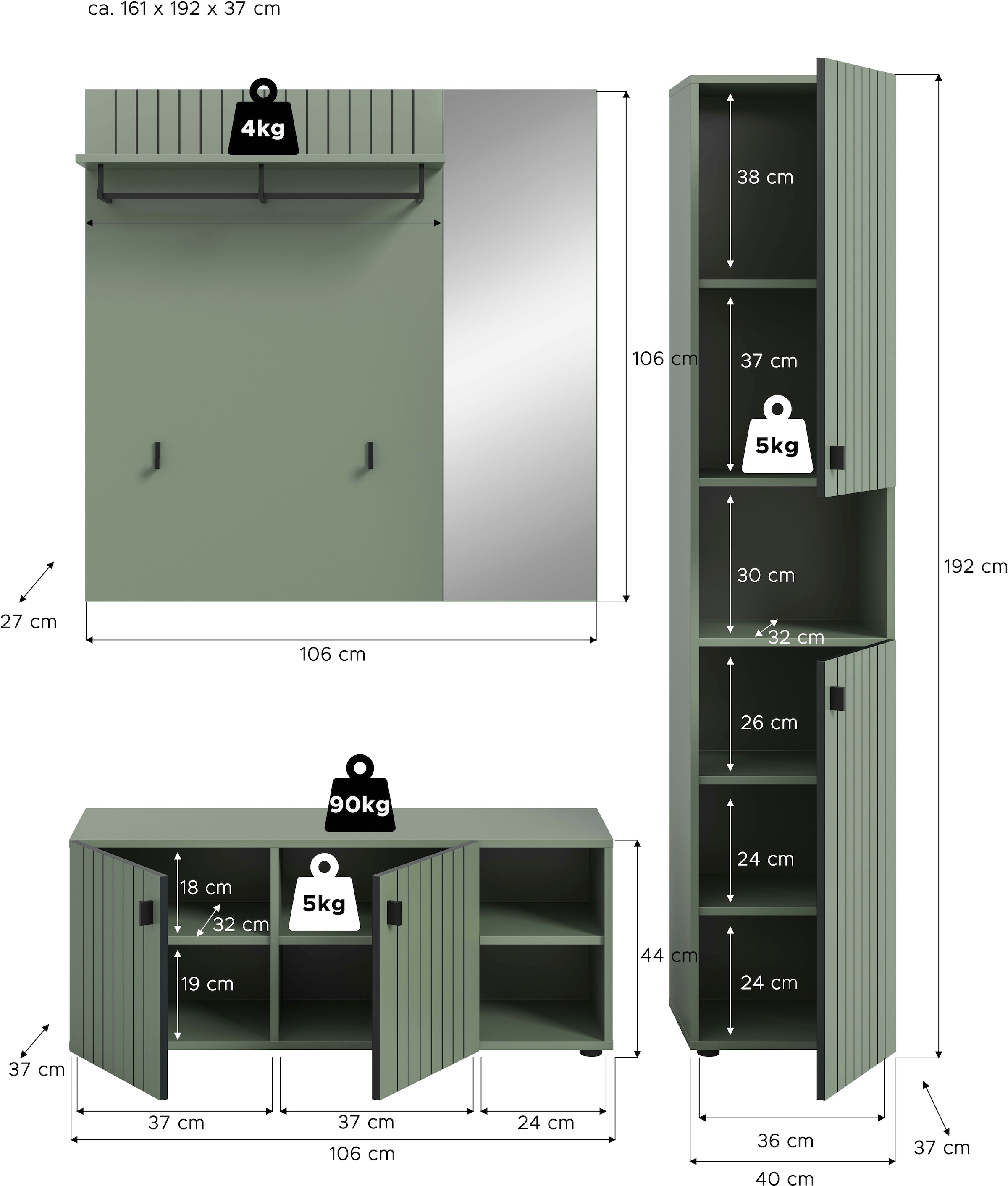 Home affaire Garderoben-Set »TATIO, 3-tlg. Garderobenkombination, Breite: 161 cm, Rillenfräsung« Set, Set, best. aus: 1 Garderobenschrank, 1 Sitzbank, 1 Spiegel, 3 Stk. tlg.