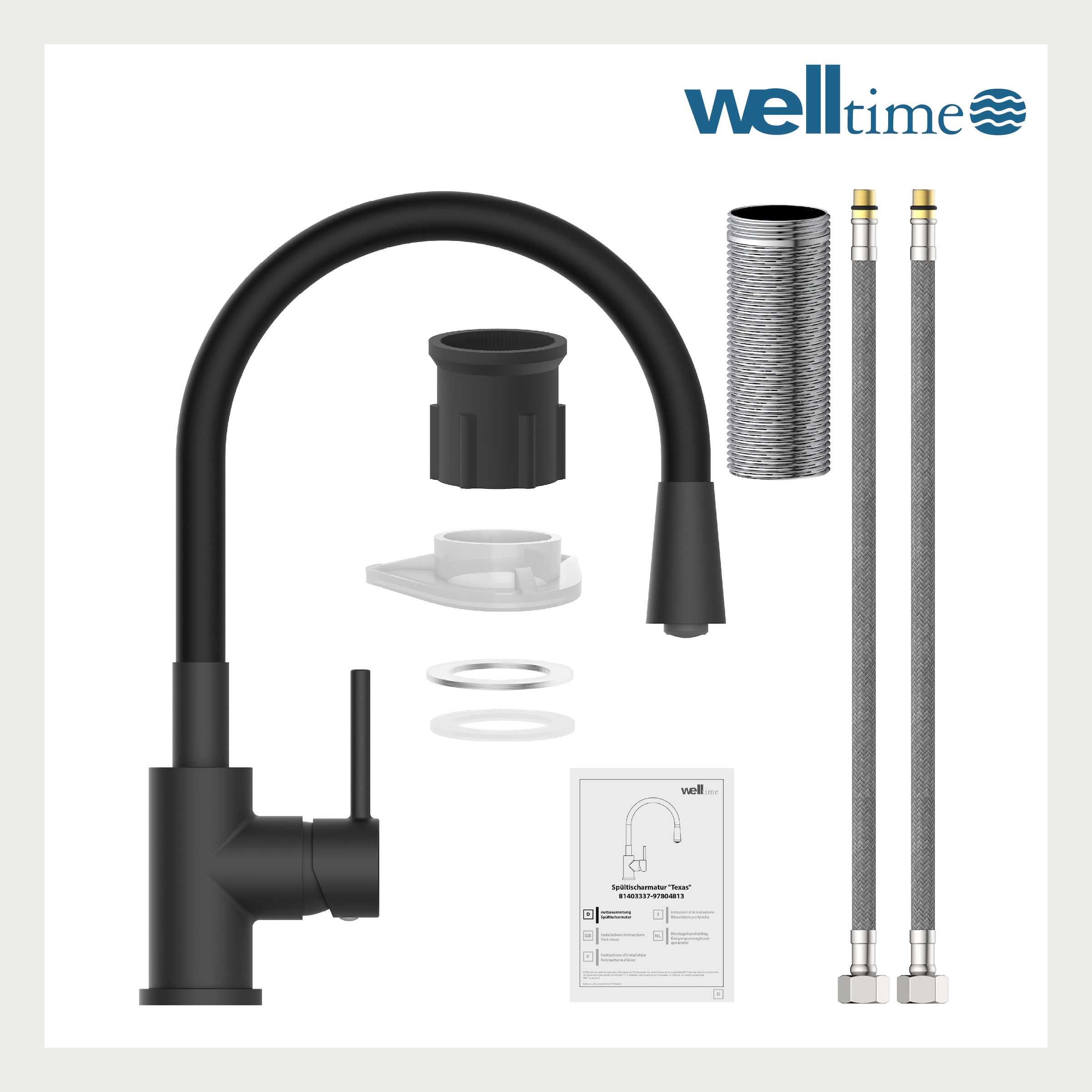 welltime Robinetterie de cuisine »TEXAS« robinet raccord central, pivotant à 360°, bec flexible