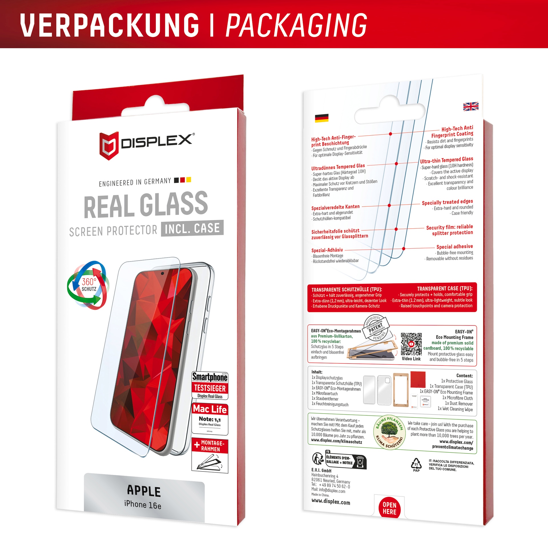 Displex Displayschutzglas »Real Glass Screen Protector inkl. Case«, für Apple iPhone 16e, Displayschutzfolie, Schutzfolie, Bildschirmschutz, kratz- & stossfest