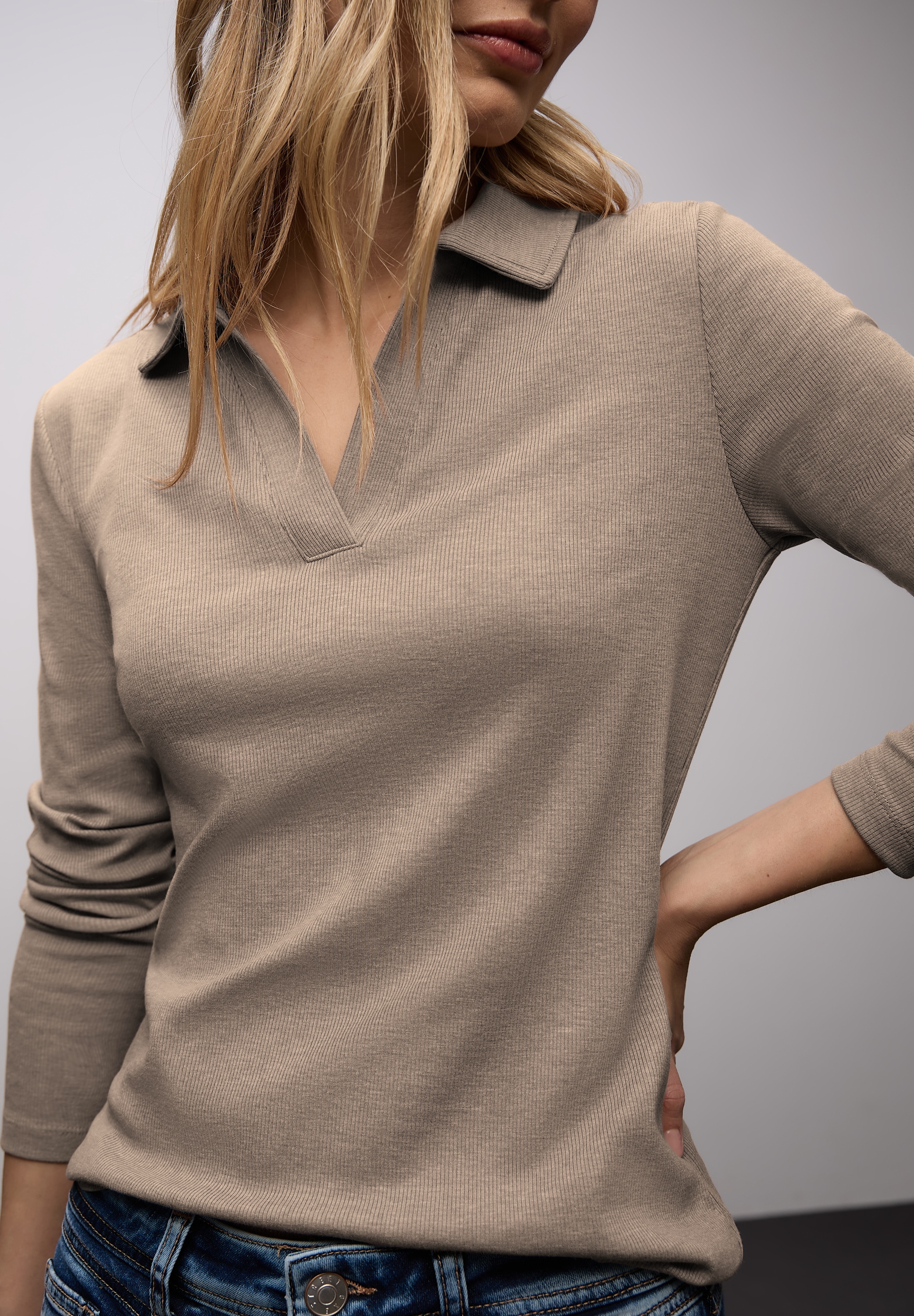 STREET ONE Langarm-Poloshirt in Melange-Optik und mit Ripp-Struktur