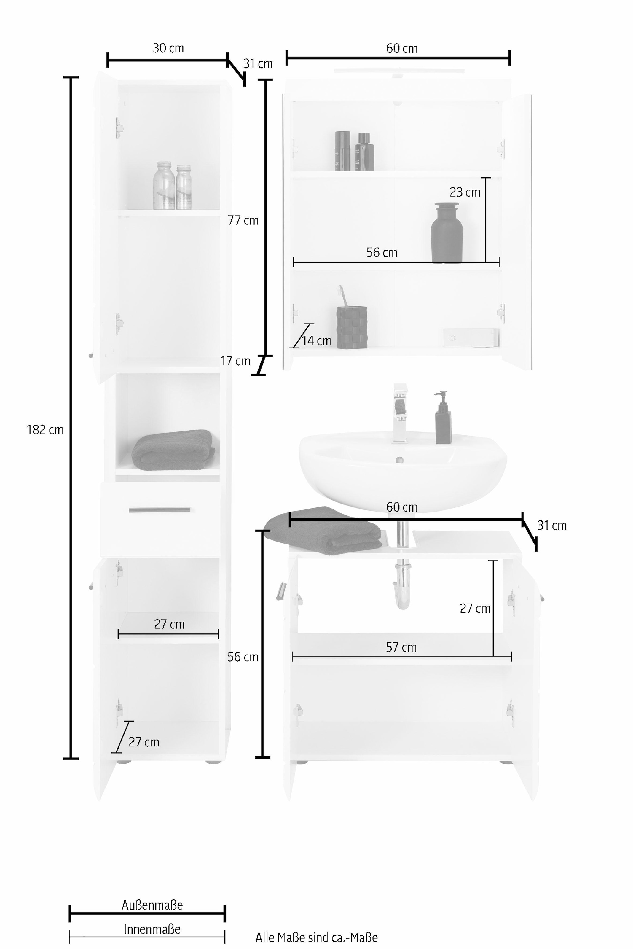 INOSIGN Badmöbel-Set »Sovana«, LED-Beleuchtung, (Set, Waschbeckenschrank Hochschrank mit Découvrir Spiegelschrank sur St.), 3 und