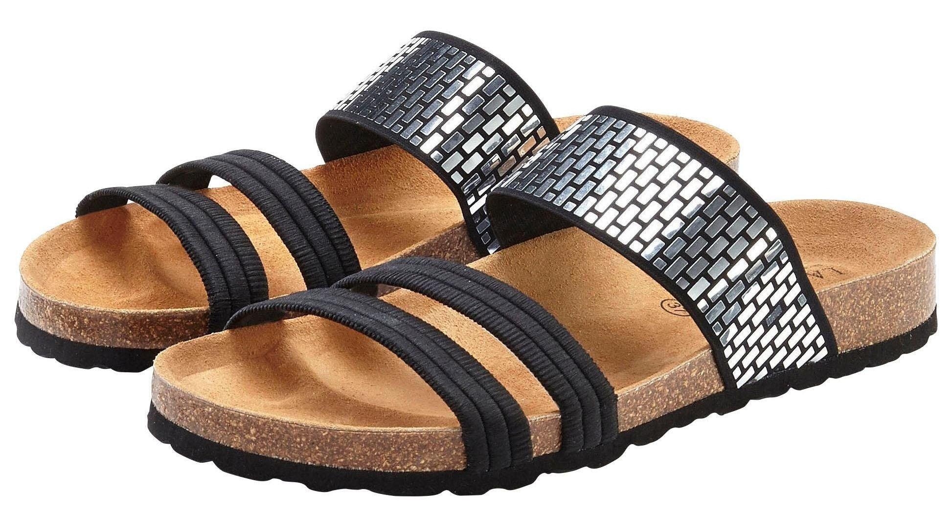 LASCANA Pantolette »Mule, Sandale, offener Schuh,«, mit Komfortkorkfussbett aus Leder und elastischen Riemchen