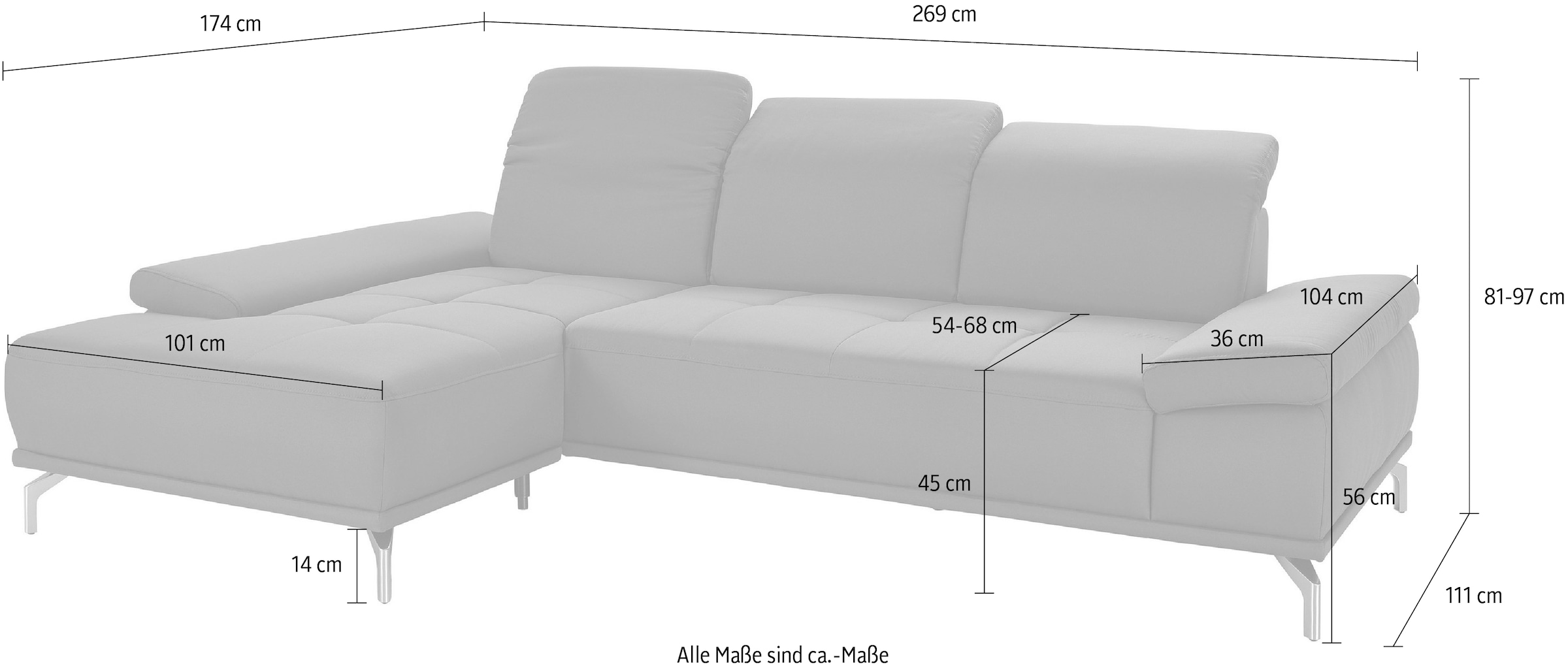 Places of Style Ecksofa »Caluna«, Inkl.Sitztiefenverstellung, wahlweise mit Kopf- und Armteilverstellung