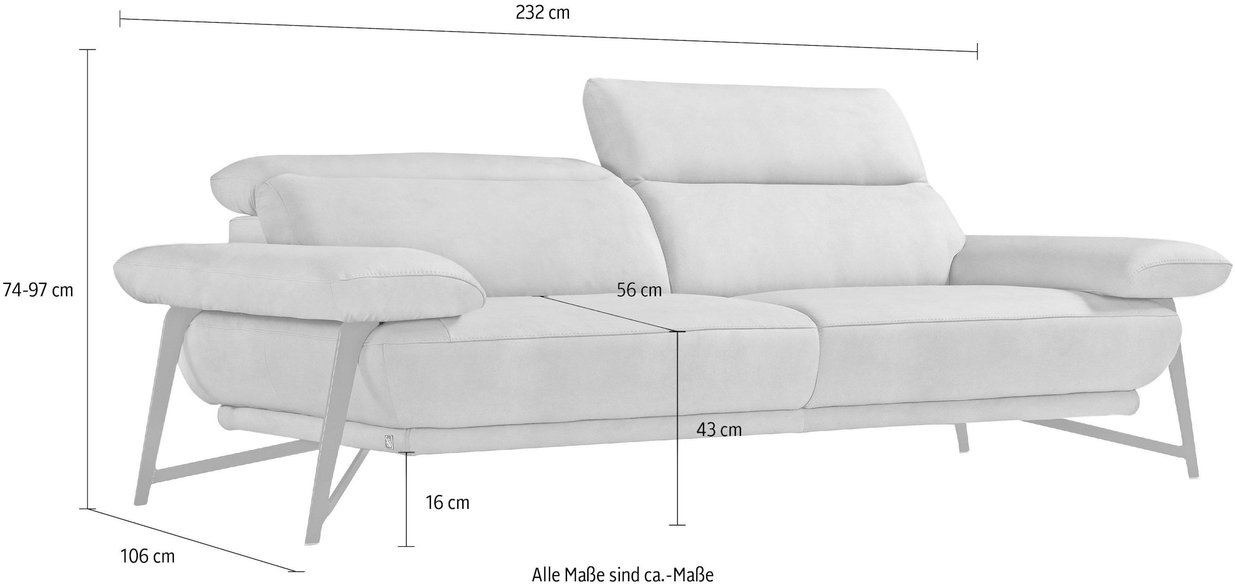 Egoitaliano 2,5-Sitzer »Anais, Designsofa mit erstklassigem Sitzkomfort, Fussfarbe chrom« Kopfteil verstellbar, 232 cm, Luxus-Microfaser Lederoptik, hellblau