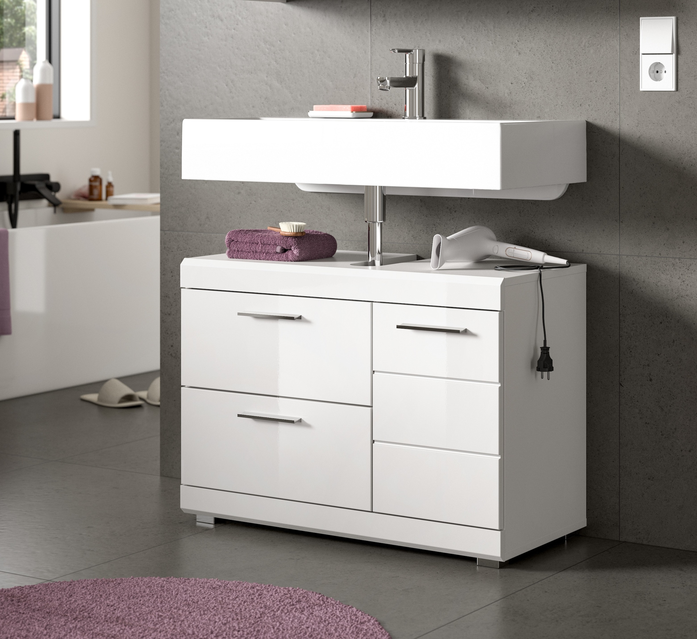 welltime Armoire sous lavabo »SIENA, Breite 80cm, 1 Tür, 1 Schubkasten, 1 Klappe, 2 Fächer,MDF-Front« WBU, meubles de salle de bain, armoire de salle de bain, commode, meuble bas, salle de bain, salle de bains