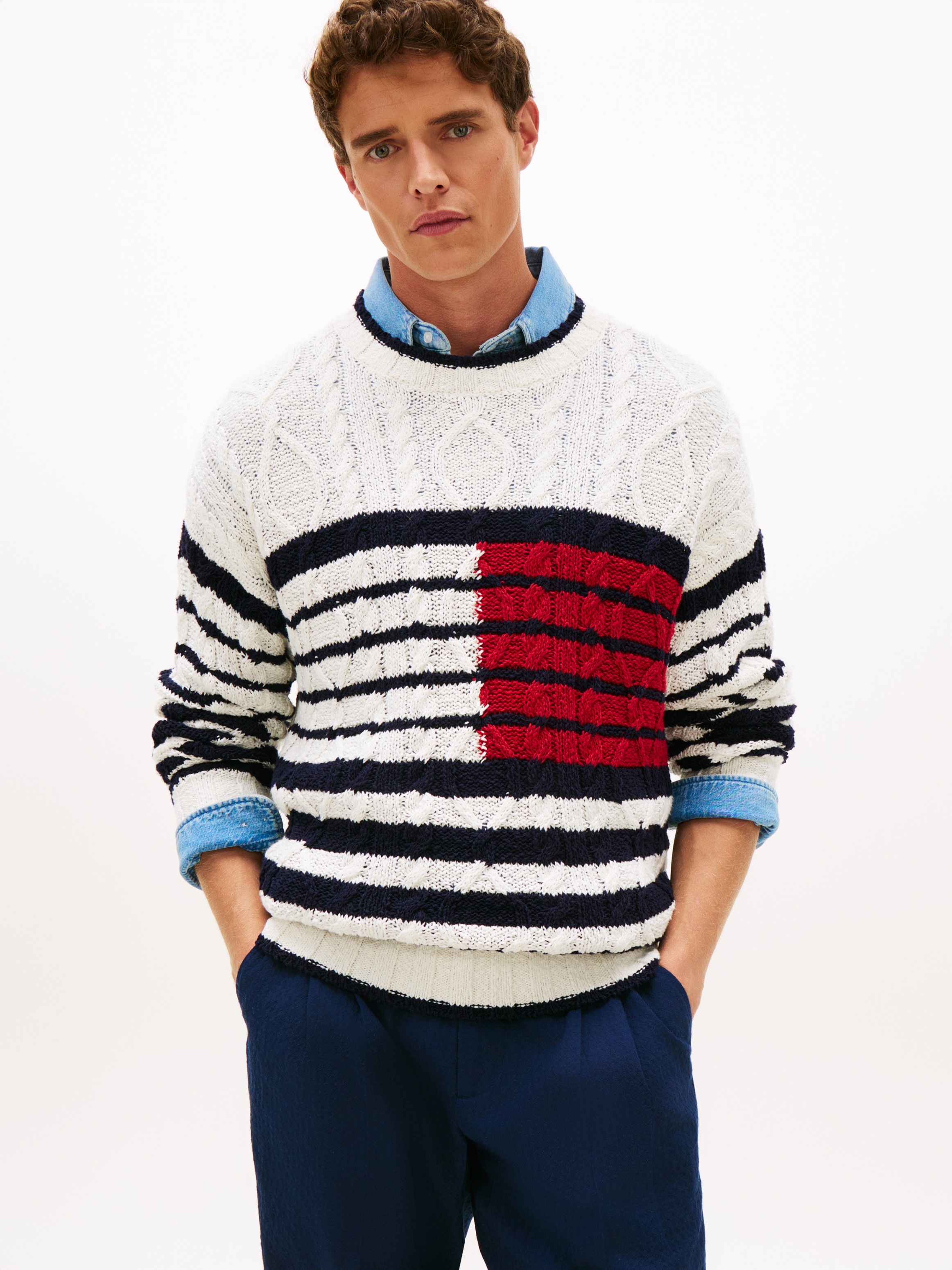 Image of Tommy Hilfiger Strickpullover "BRETON FLAG CABLE" Regular fit mit Rundhalsausschnitt