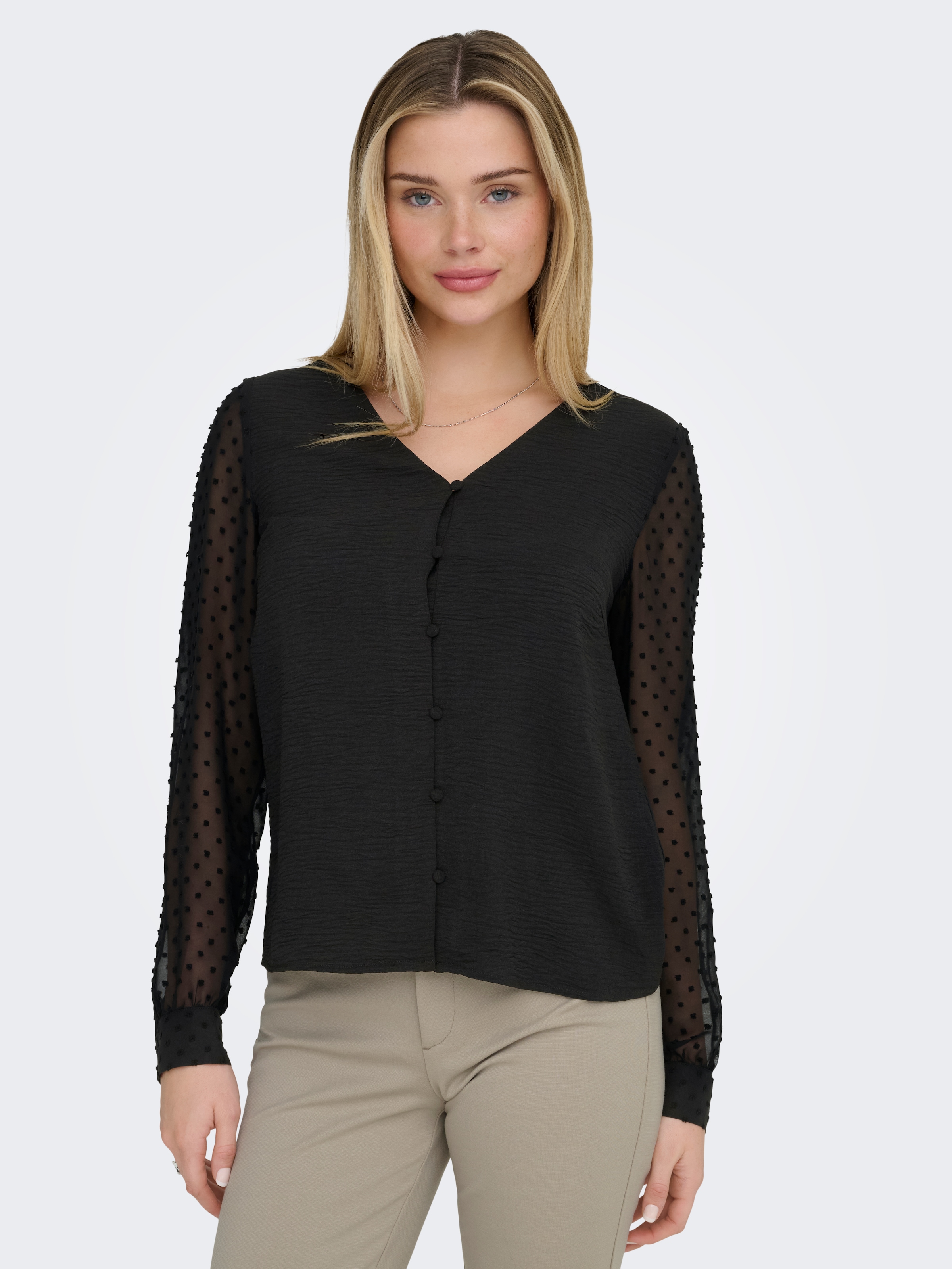Image of ONLY Langarmbluse "ONLRHODES METTE L/S DOBBY VNECK TOP WVN" Strukturiertes Material, V-Ausschnitt