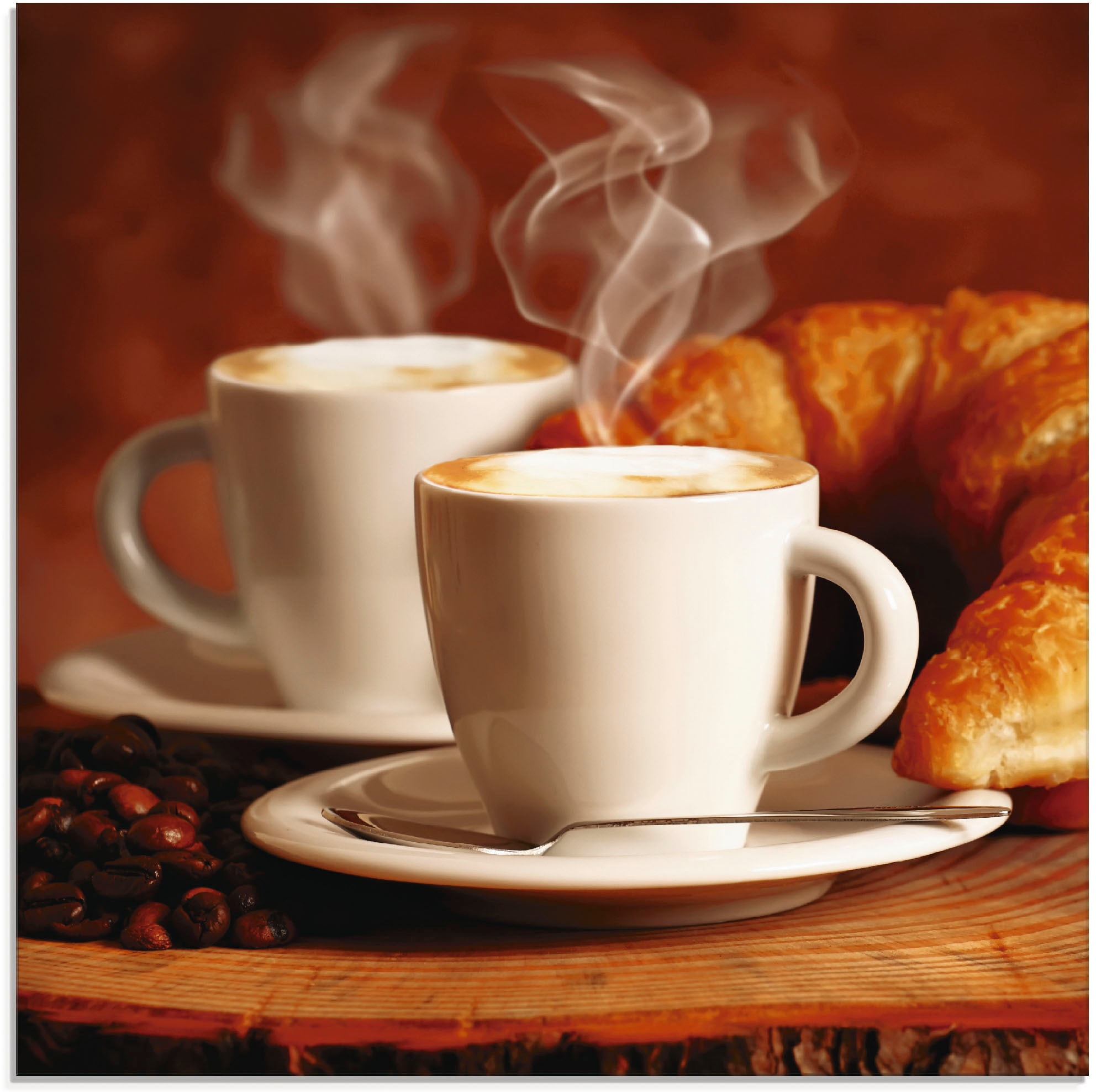 Image of Artland Glasbild "Dampfender Cappuccino und Croissant" Getränke 1 Stk. tlg. in verschiedenen Grössen