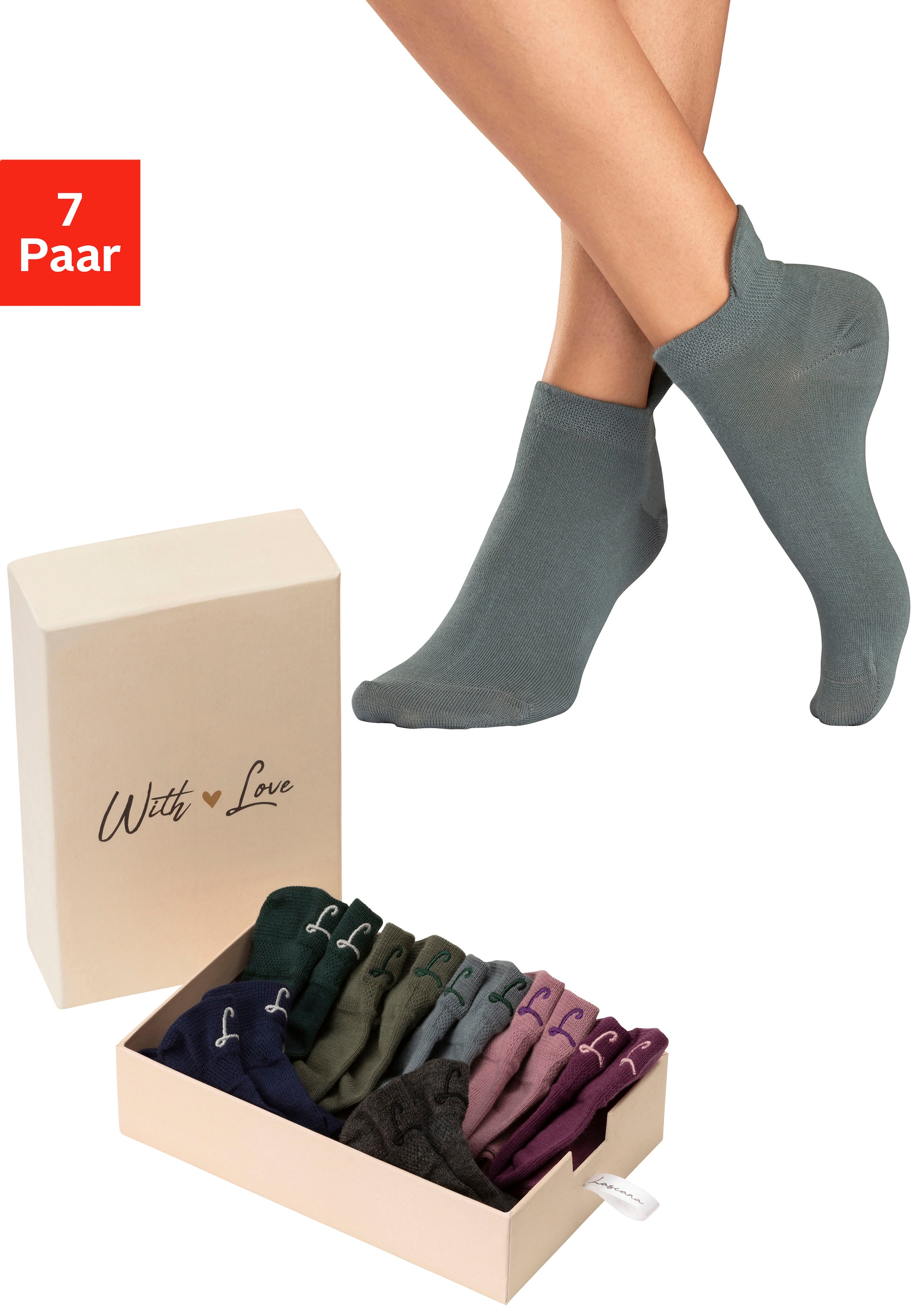 LASCANA Sneakersocken, (Box, 7 Paar, Box), mit kleiner Stickerei