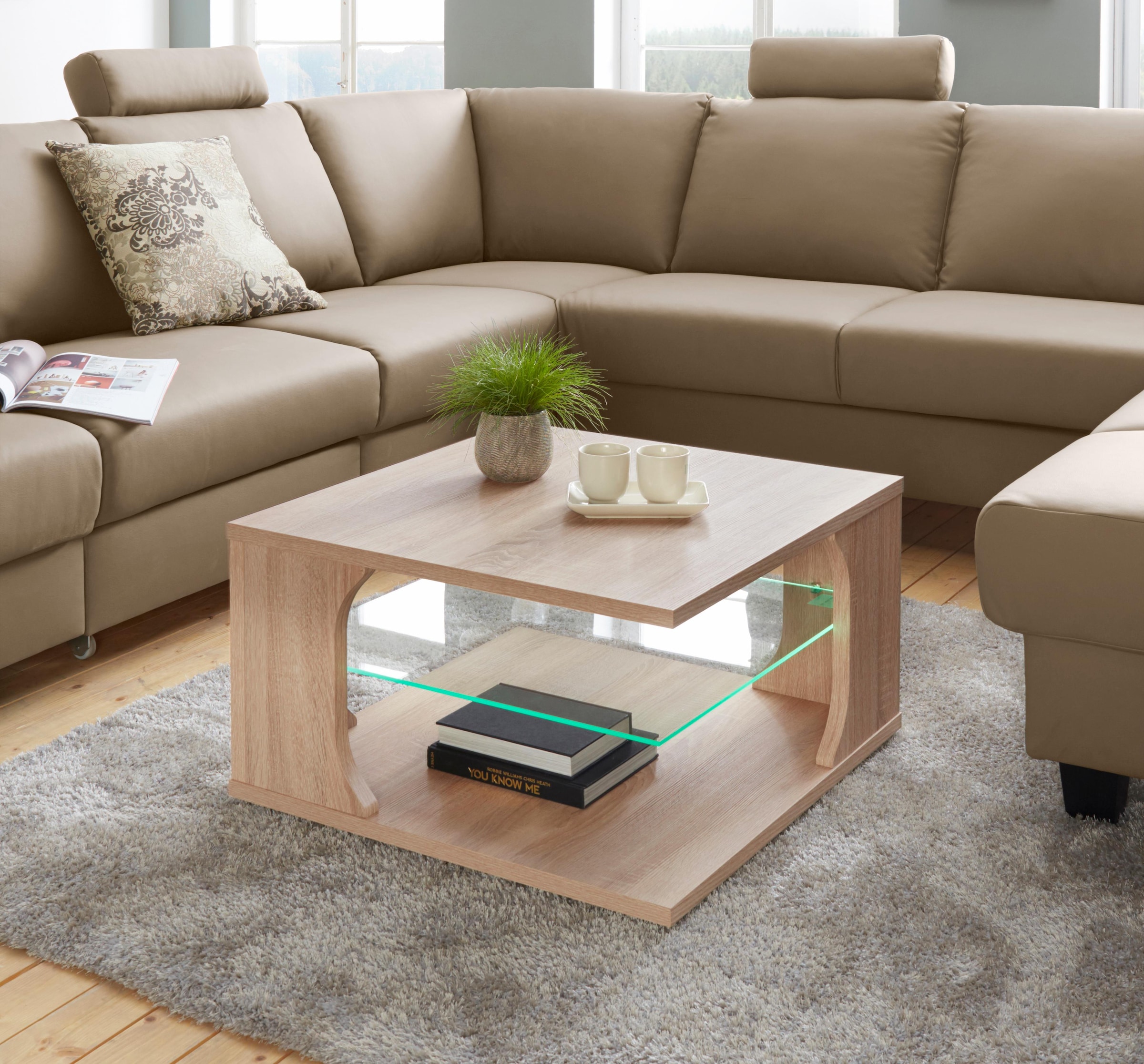 aus mit mit Glas Line Couchtisch, PRO Ablageboden LED Beleuchtung Rollen, Holz,