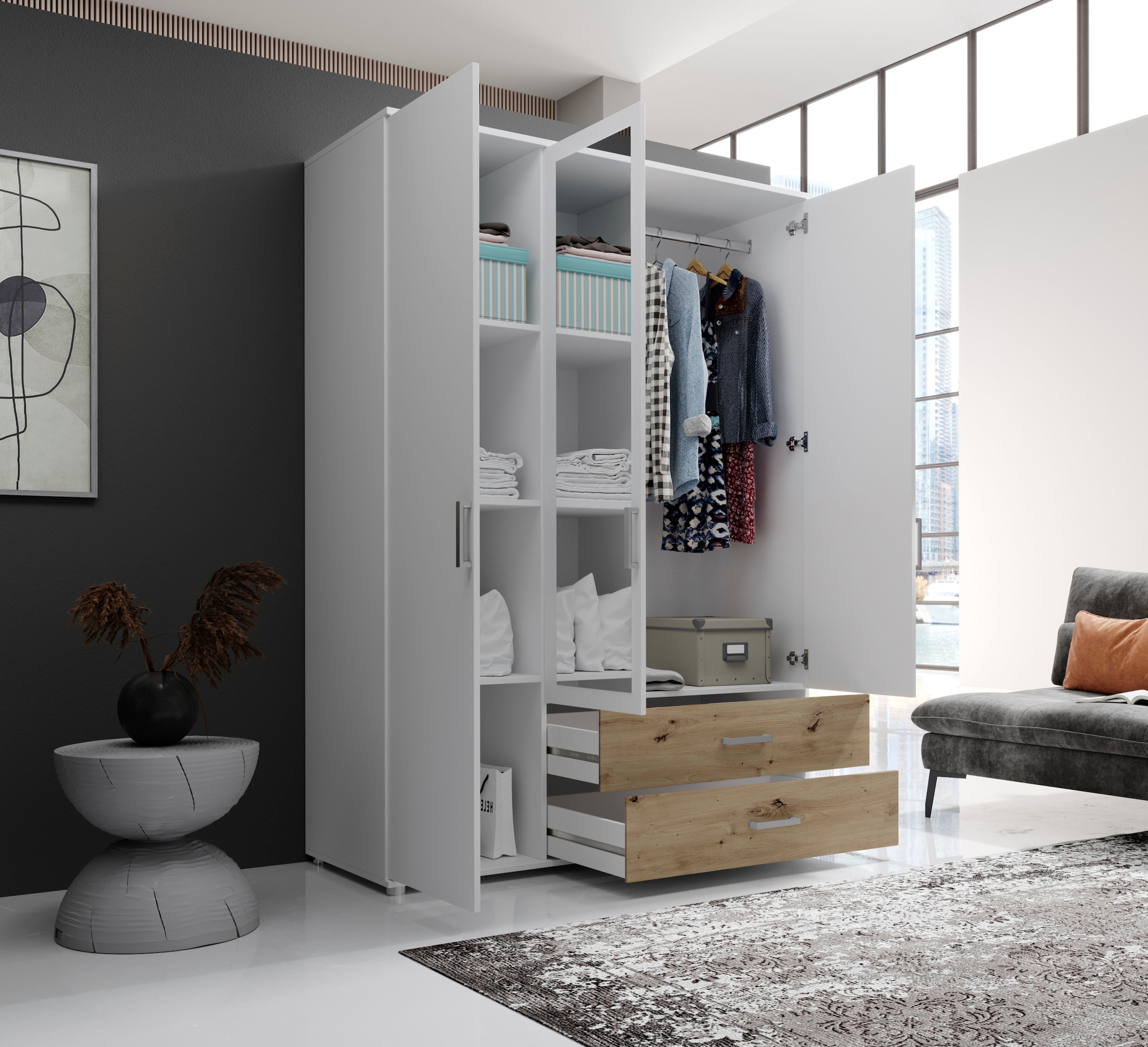 Schlafkontor Drehtürenschrank »Ivar Kleiderschrank mit Spiegel« inklusive 2 Spiegeltüren und 2 farblich abgesetzten Schubkästen