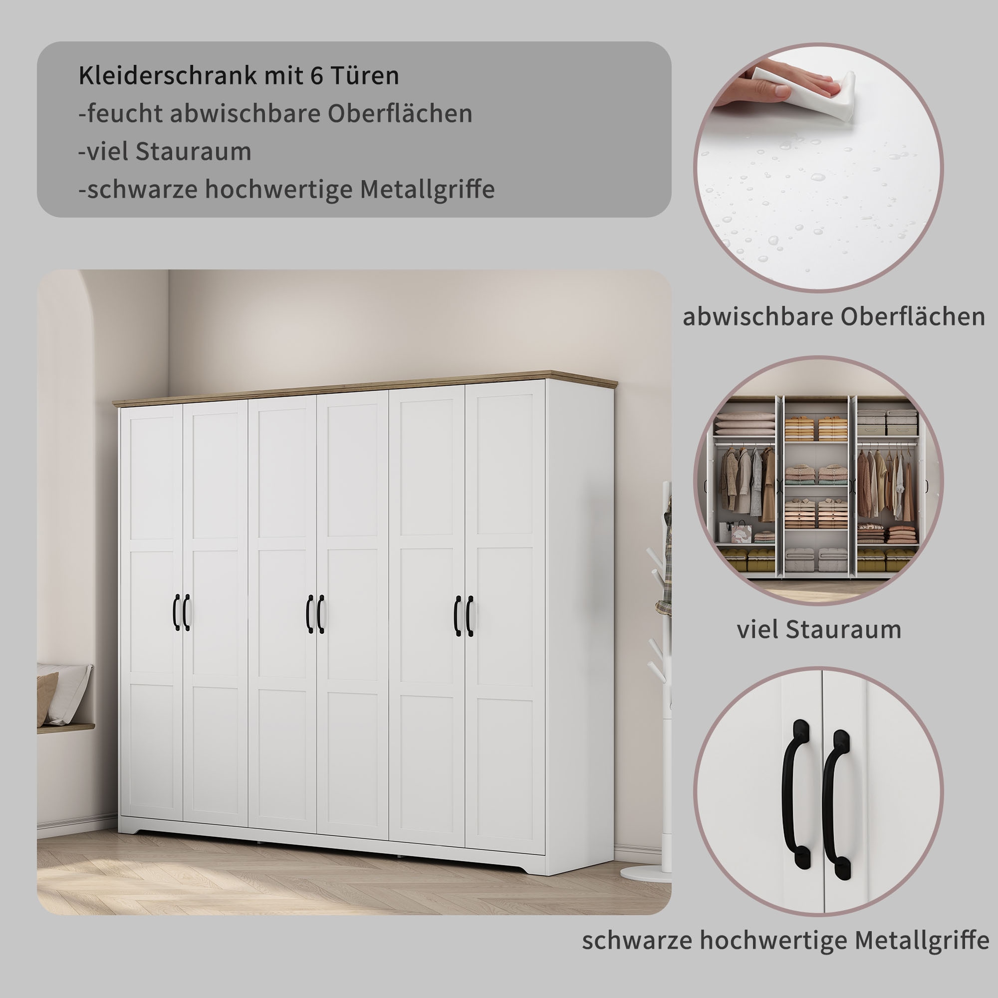 GOODproduct Kleiderschrank »Emmilia Schrank Schlafzimmerschrank im Landhaus Design« Mit vielen Einlegeböden und Softclose,  Landhaus Schrank mit  6 Türen Breite 226,5cm Höhe 2m