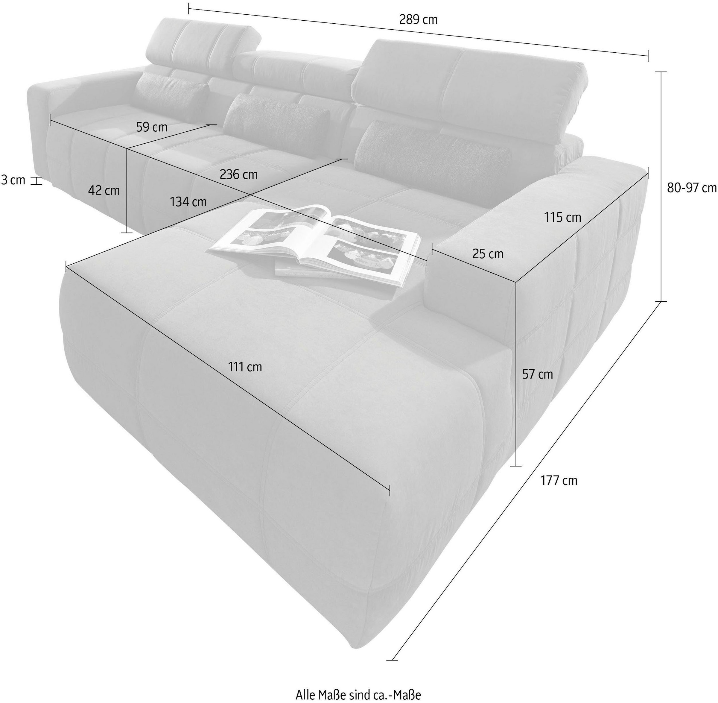 DOMO collection Ecksofa »Brandon grosse Ausführung B/T/H: 289/177/80 cm, auch in Leder und Cord«, mit Kopfteilverstellung, wahlweise Sitztiefenverstellung, L-Form