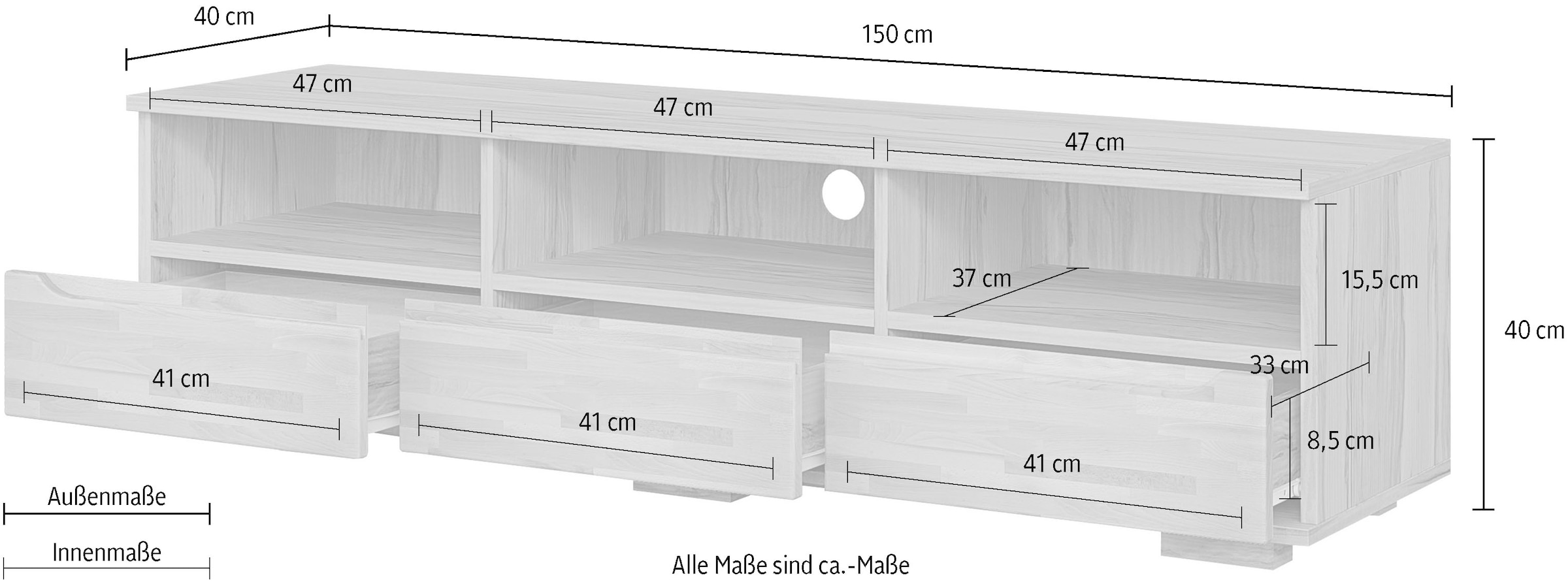 GOODproduct Lowboard »VETRO Teilmassiv, Fronten Massivholz, Wohnzimmer, Stauraum,Griffmulde« B/T/H:150/40/40 cm, 3 Schubladen, 3 offene Fächer, kabeldurchführung