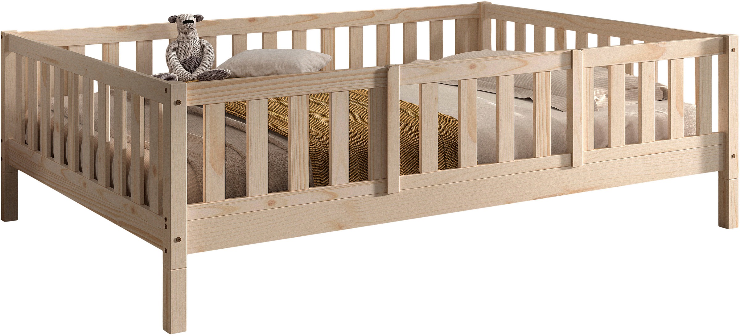 Vipack Kinderbett »Dallas, massiv Bett, Rausfallschutz, umbaubar vom Boden- zum Daybett« inkl. Rolllattenrost und Sprossenumrandung, 90 oder 140x200 cm breit,  stabil und standfest gebaut, wahlweise Kiefer massiv natur oder weiss