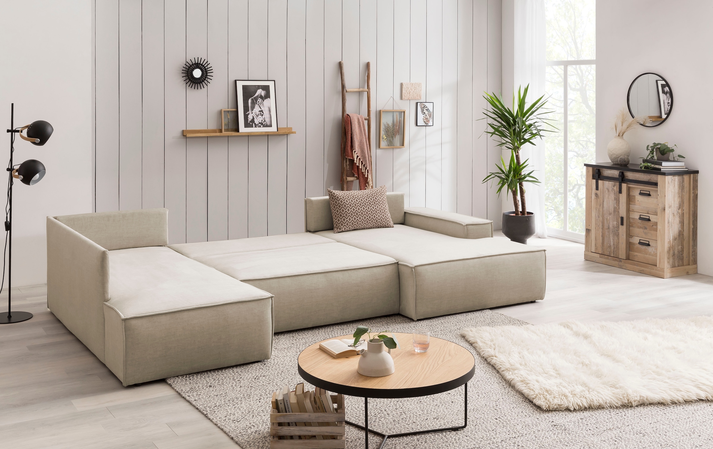 Home affaire Wohnlandschaft »SHERWOOD 329 cm, U-Form, Schlafsofa,«, Schlaffunktion m. Bettkasten (194x139 cm), Cord, Vintage, Samtvelours