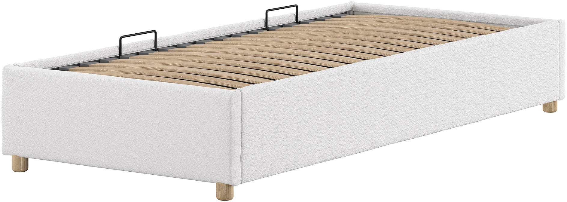 Vipack Chaise longue rembourrée »Moon, ideal unter Dachschrägen einsetzbar, Bettkasten bietet Stauraum« Massivholzfüsse, Bezug mit flauschigem Bouclé Stoff wahlweise 3 Farben