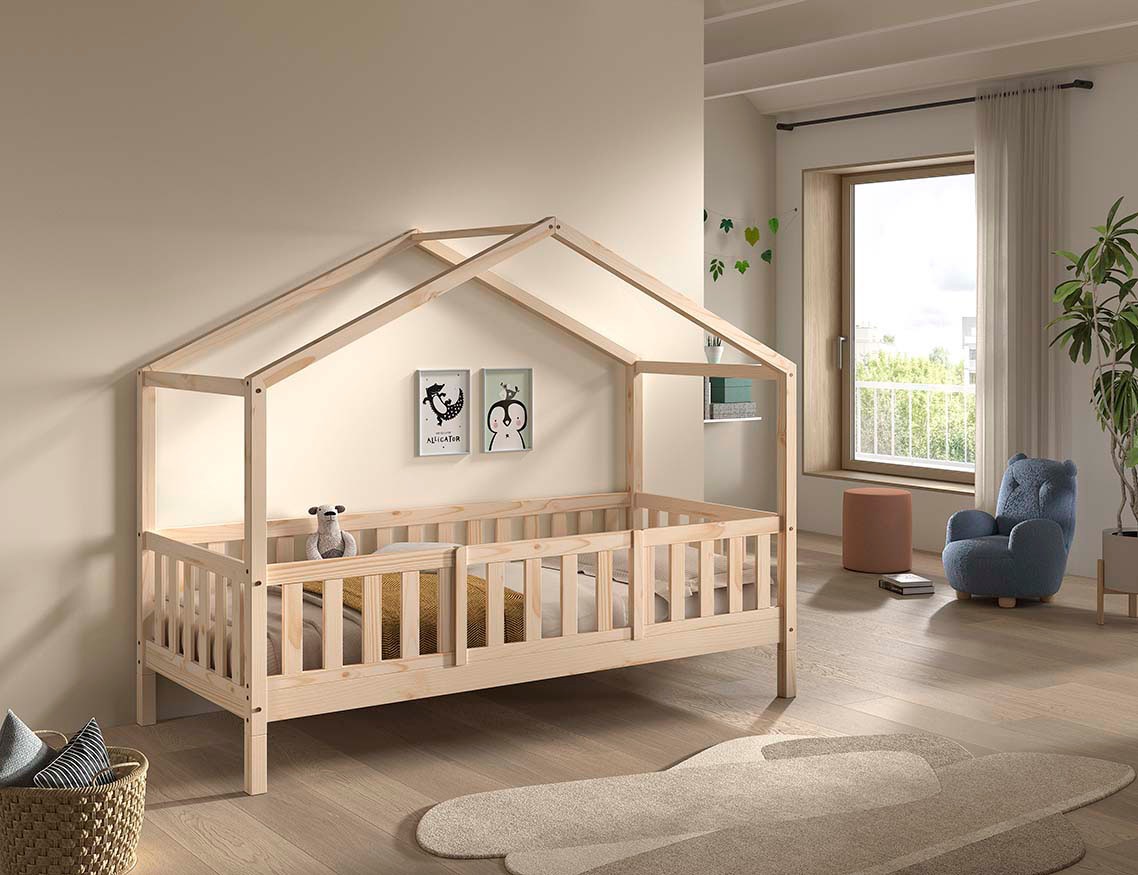 Vipack Hausbett »Dallas, Massivholzbett mit Dachaufbau umbaubar vom Boden- zum Daybett« inkl. Lattenrost, Rausfallschutz, Sprossen, 90 oder 140x200 cm breit,  stabil und standfest gebaut, wahlweise Kiefer massiv natur oder weiss