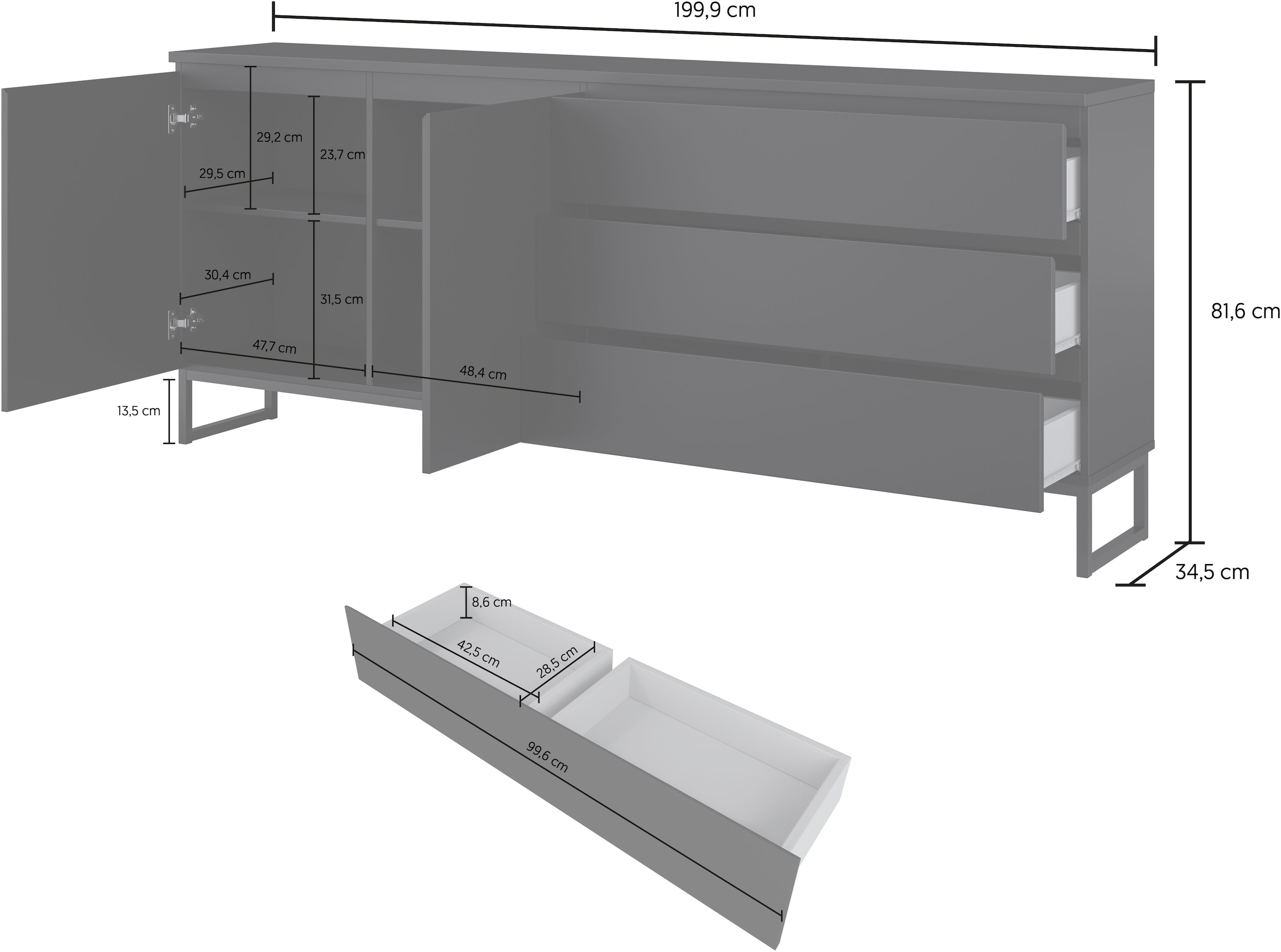 GOODproduct Buffet »Modo II, Breite 200 cm, moderne grifflose Kommode 2Türen/3 SK« commode à tiroirs avec beaucoup d'espace de rangement, étagères réglables, patins en métal