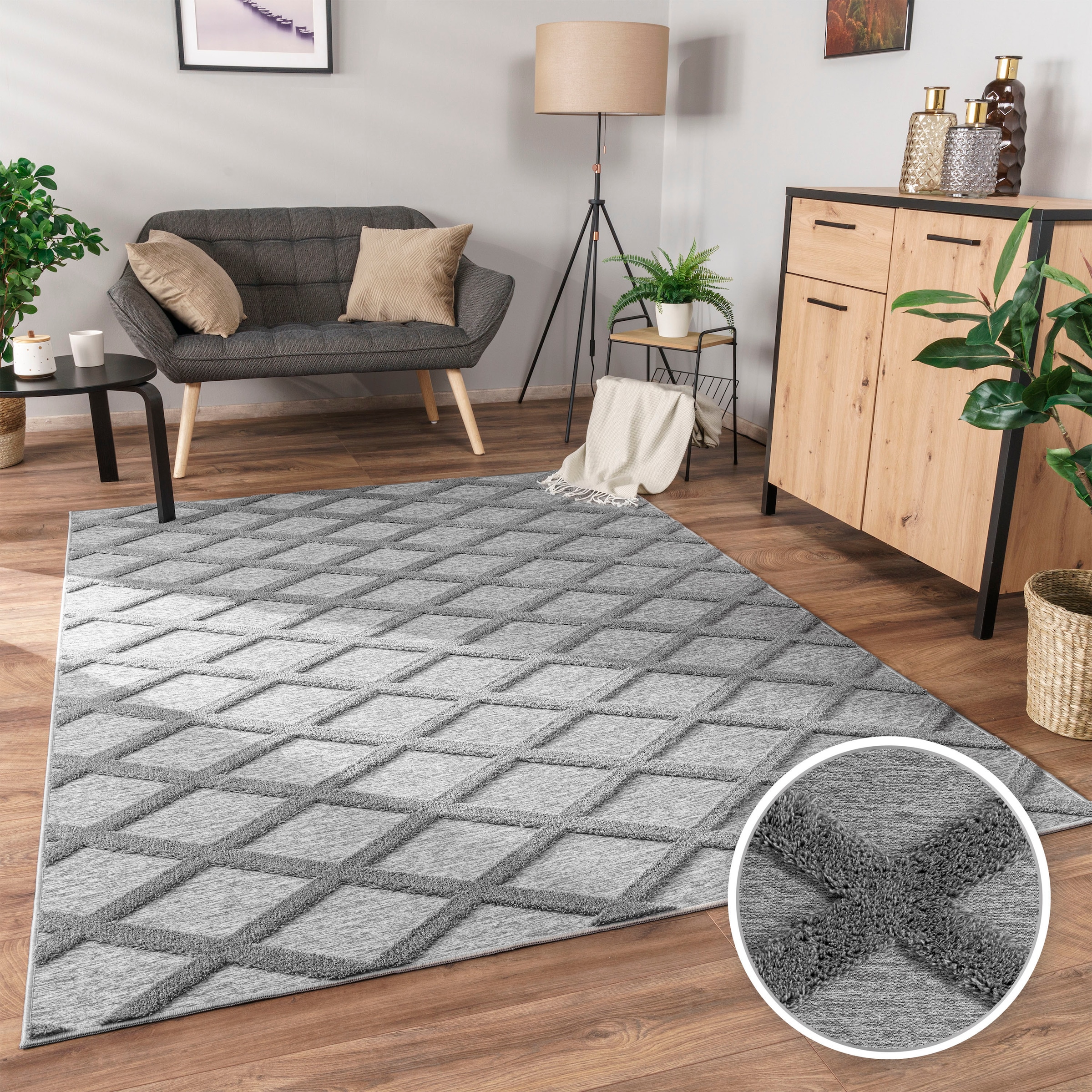 Image of Paco Home Teppich "Utrecht 642" rechteckig 4 mm Höhe Kurzflor, Uni Farben, 3D-Design, Rauten Muster, Hoch-Tief Effekt