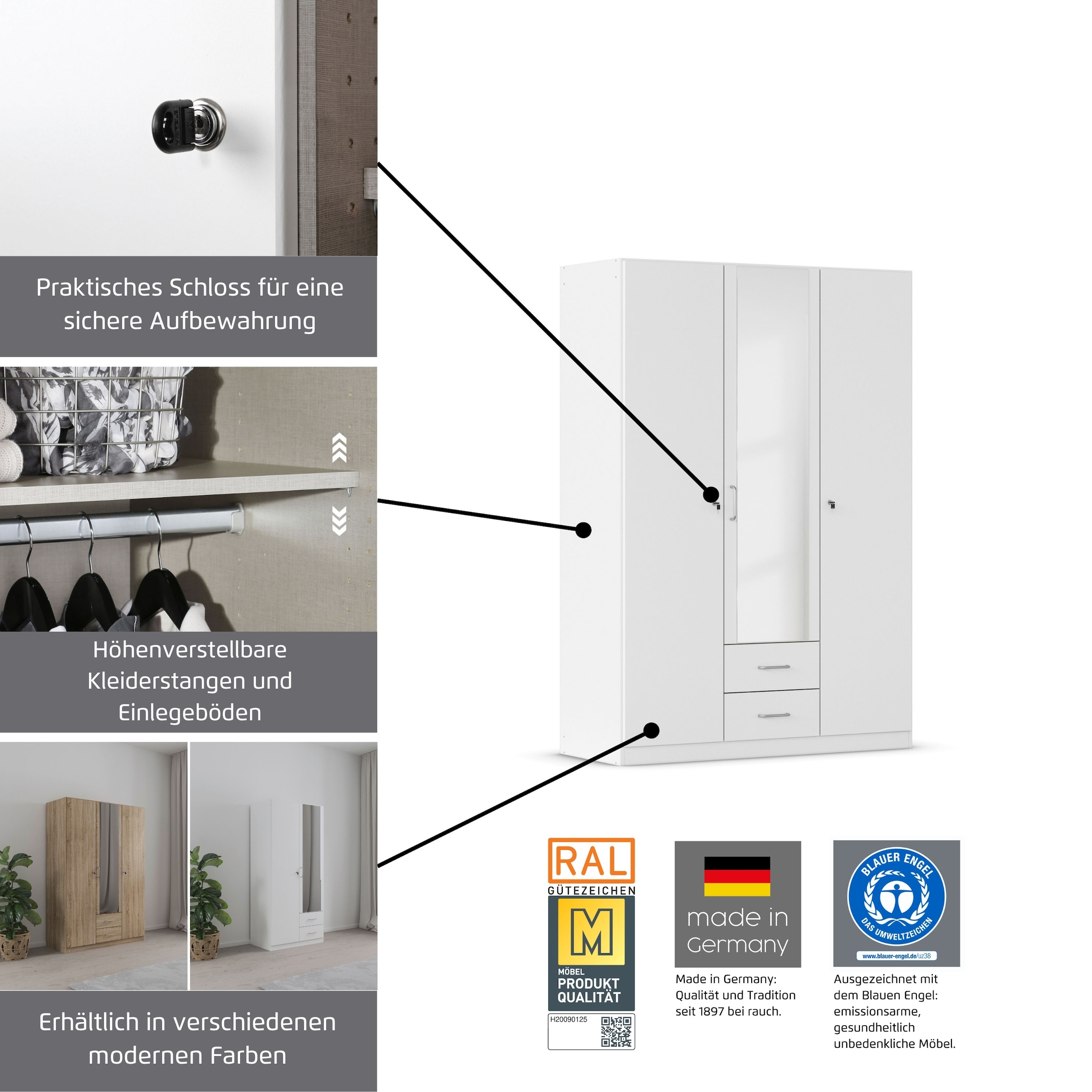 rauch Kleiderschrank »Schrank Garderobe Garderobenschrank Putzschrank Wäscheschrank BERGHEIM« Breiten 91/136/181 cm, Höhe 197 cm,  2 Aussenschubladen, Tür/en abschliessbar je 2 Schlüssel MADE IN GERMANY