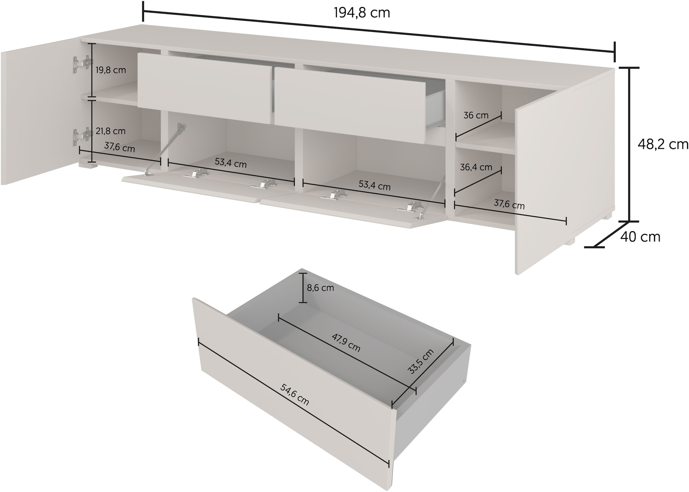 GOODproduct Table basse »Metric,Breite 195cm, grifflose Lowboard 2Klappen/2Schubkästen/2Tür« TV-Schrank mit viel Stauraum, TV-Board