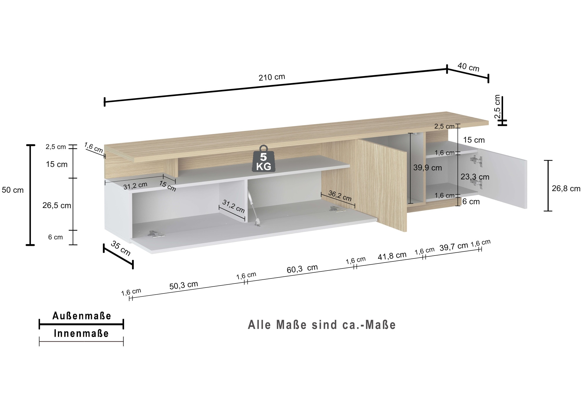 GOODproduct Table basse »Lowboard ETHOS,Lowboard,TV-Kommode,TV-Möbel,TV-Bank« 1 cuis tlg. Avec deux portes tournantes, une porte battante et deux compartiments ouverts, L.210 cm