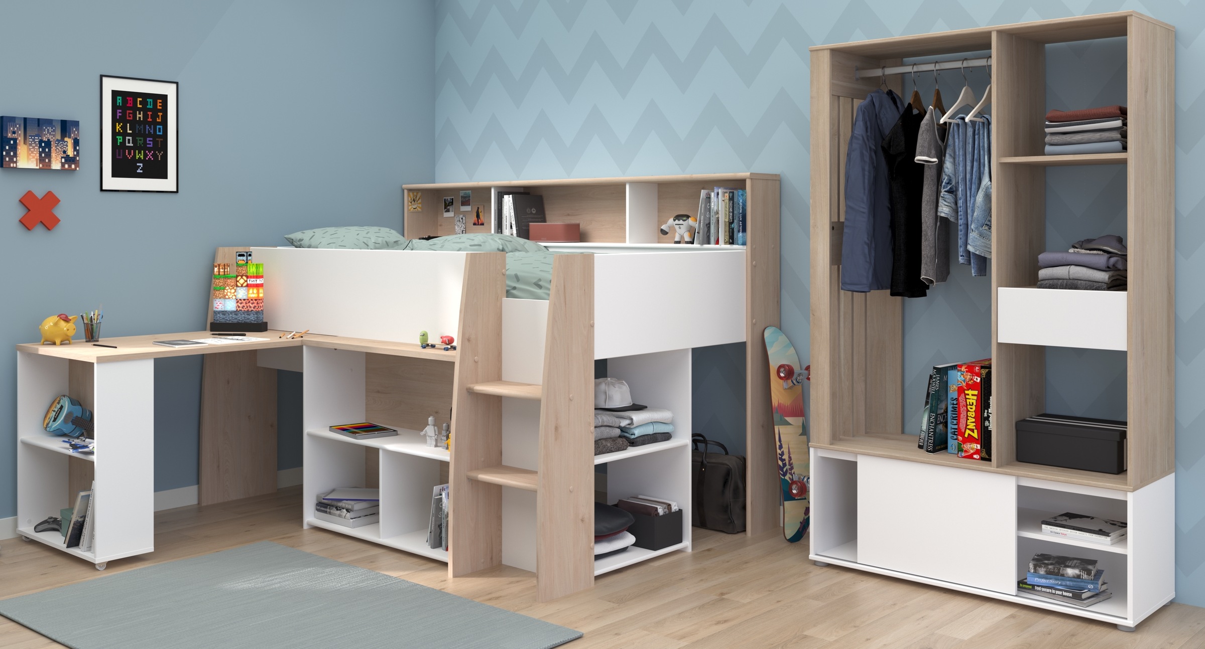 Parisot Jugendzimmer-Set »Parisot Lucas 11«, (2 tlg.), Schreibtisch ausziehbar, Kleiderschrank offen, Ablagen und Regale