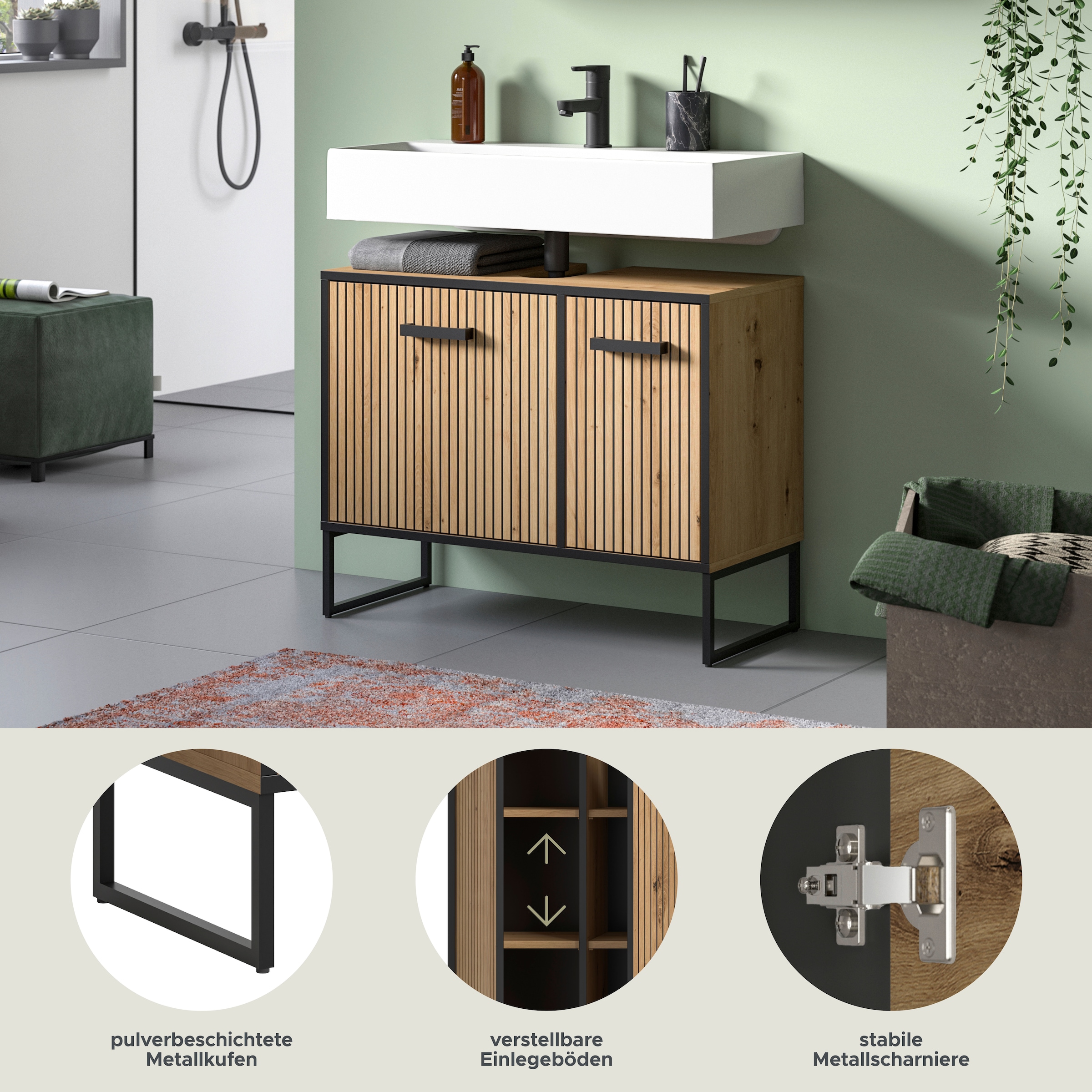 welltime Waschbeckenunterschrank »LOCRI, Höhe 63 cm, 2 Türen, 2 Einlegeböden, mit Siphonausschnitt« industrial Look mit Rillenoptik & Metall Kufen, 1 Stk. tlg. Badmöbel, Badschrank, Badkommode, Kommode, Schrank, Bad, Badezimmer