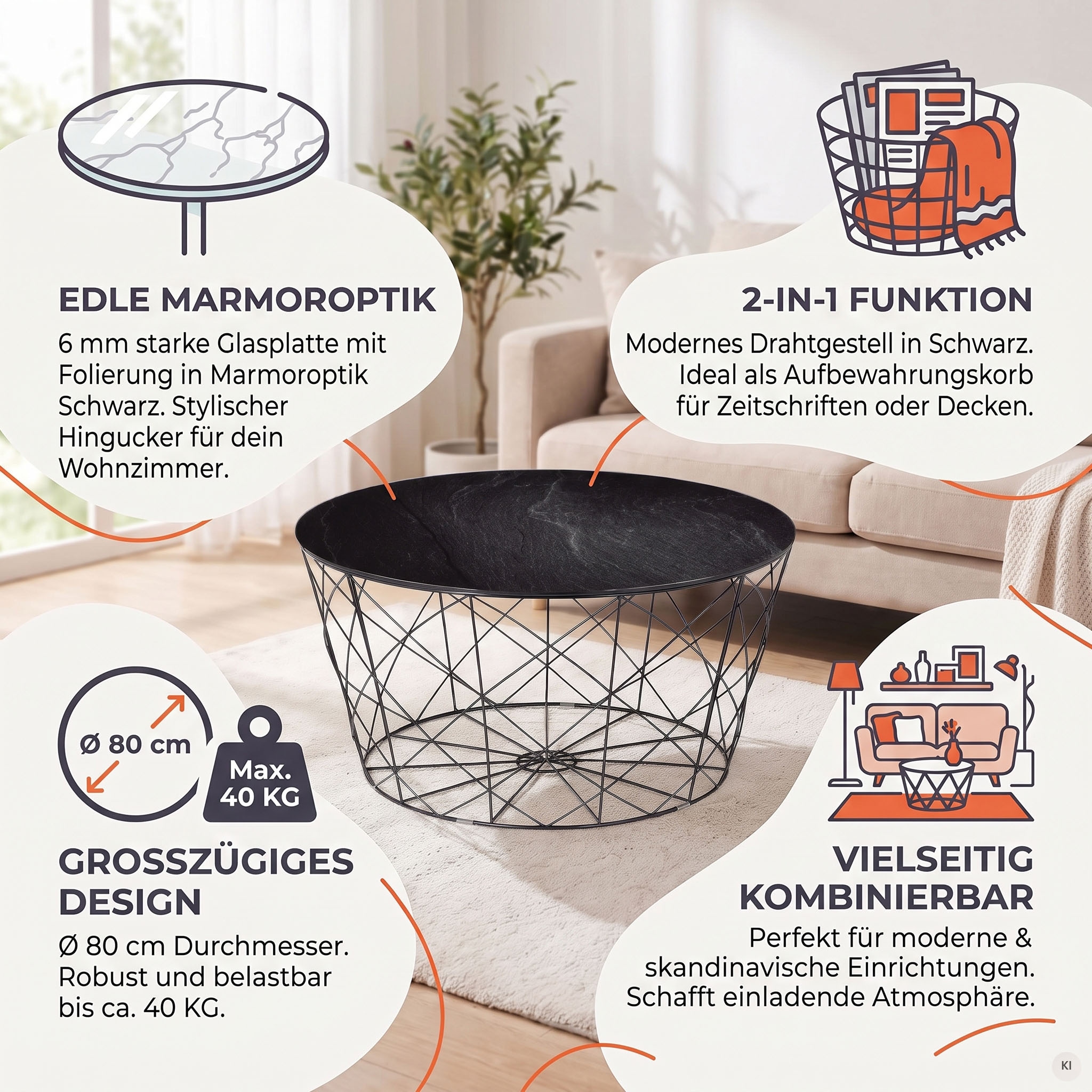 SalesFever Table basse »Caorle Coffeetable: Harmonisches Wohnambiente« structure panier élégante