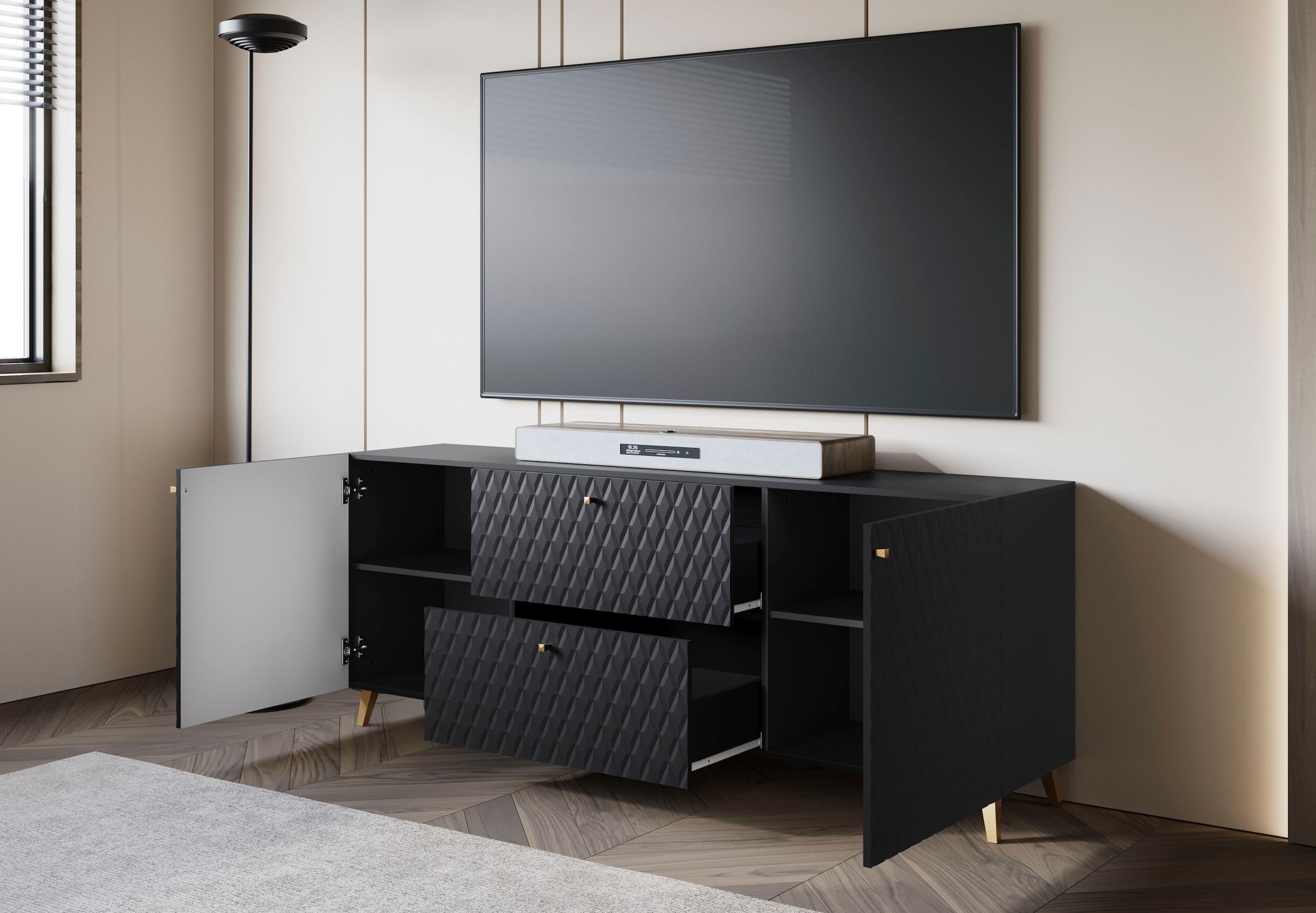 Home affaire Table basse »Phuket, Front MDF« 2 Schubladen, 4 Türen, 6 geschlossenen Fächern, Breite 180cm