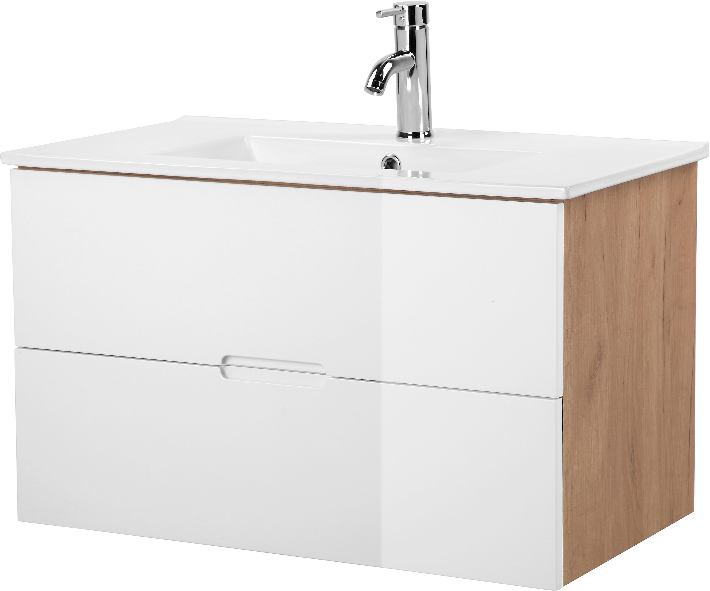 Image of welltime Waschtisch "Lund Badezimmerschrank Unterschrank mit Becken" Set, Waschplatz mit Waschbecken und 2 Auszügen Breite 80 cm