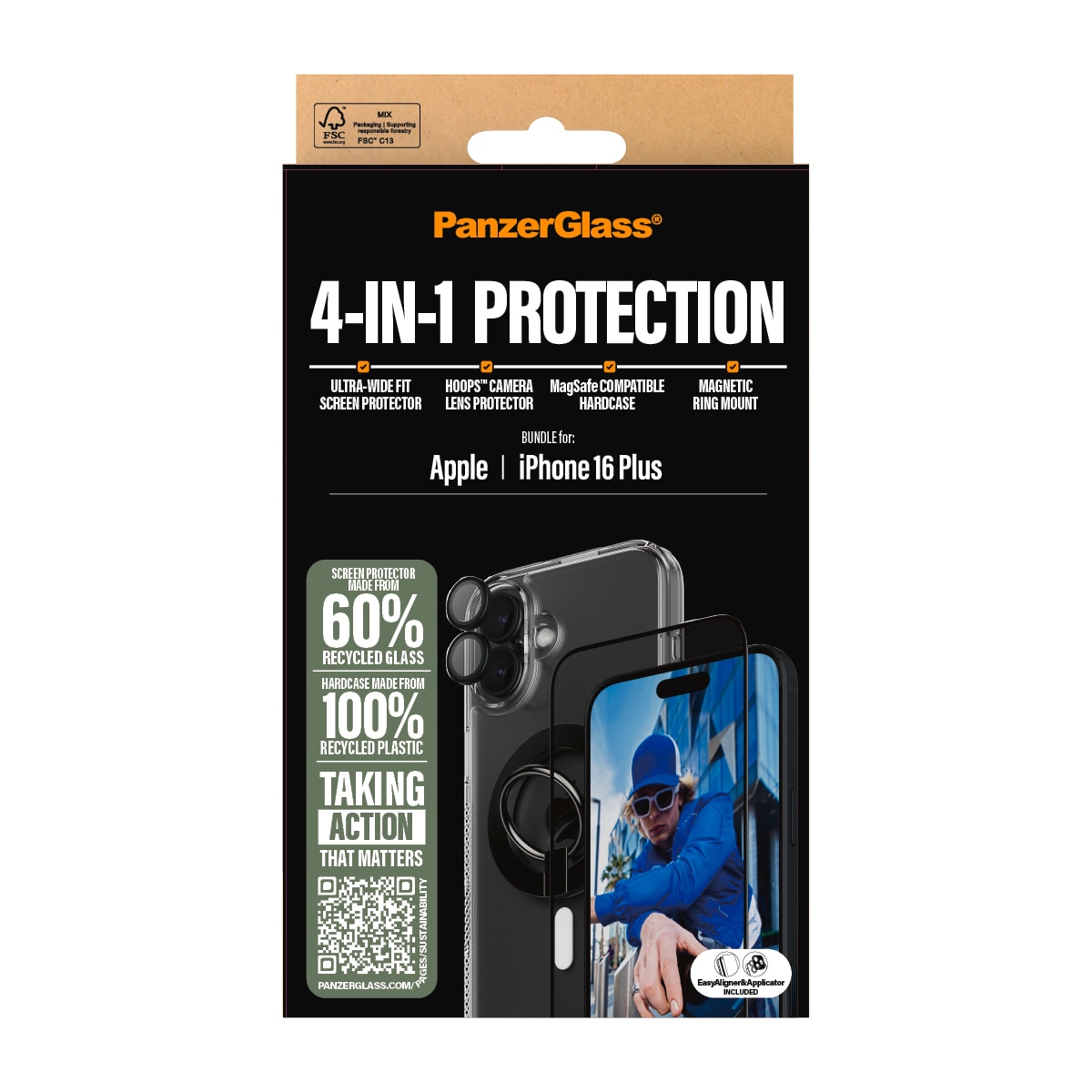 PanzerGlass Displayschutzglas »4-in-1 Protection, Glass, Hoops, Case, Ring Mount«, für Apple iPhone 16 Plus, Displayschutzfolie, Schutzfolie, Bildschirmschutz, kratz- & stossfest