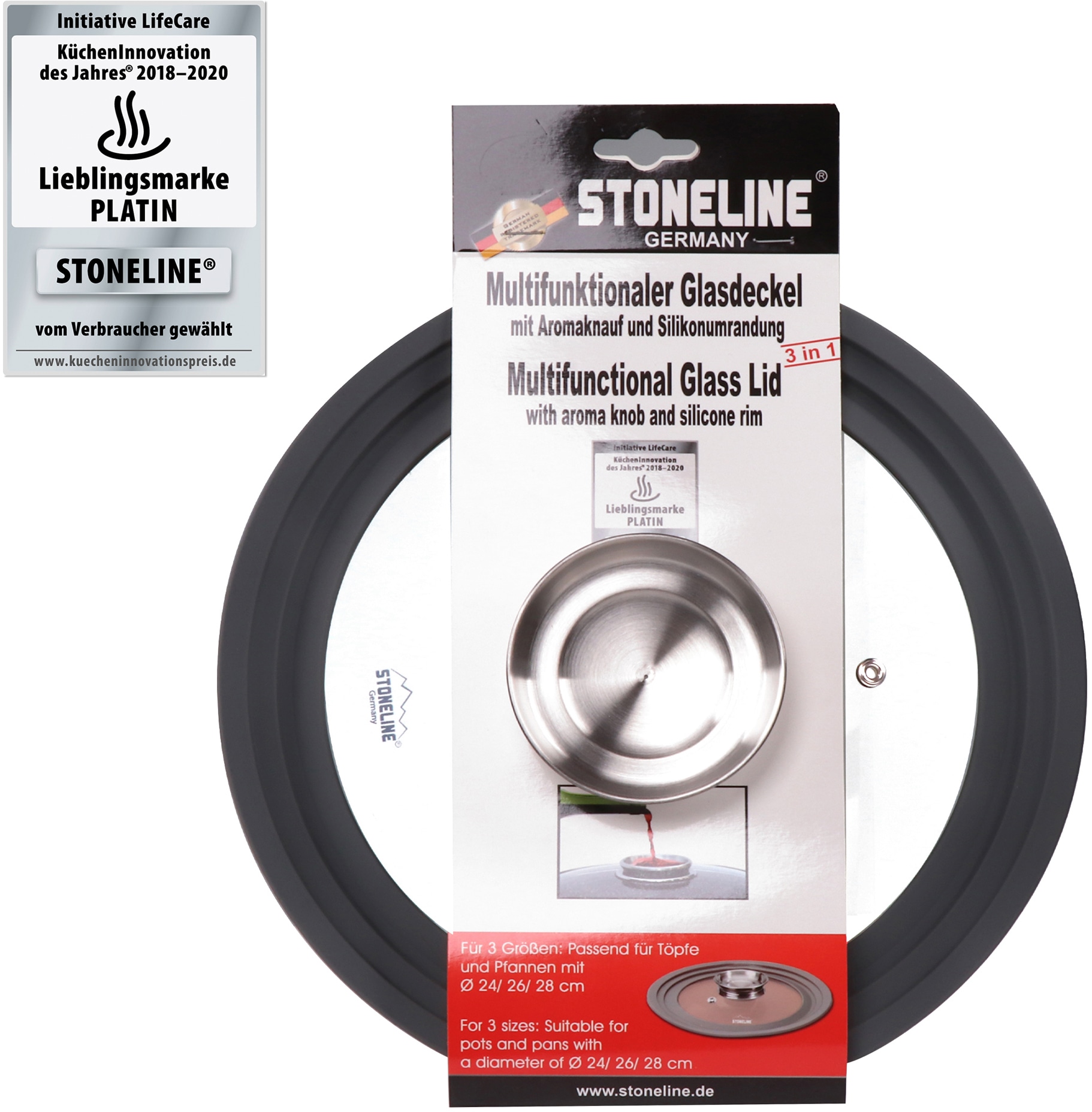 STONELINE Universaldeckel, mit Silikonrand, für 24/26/28 cm