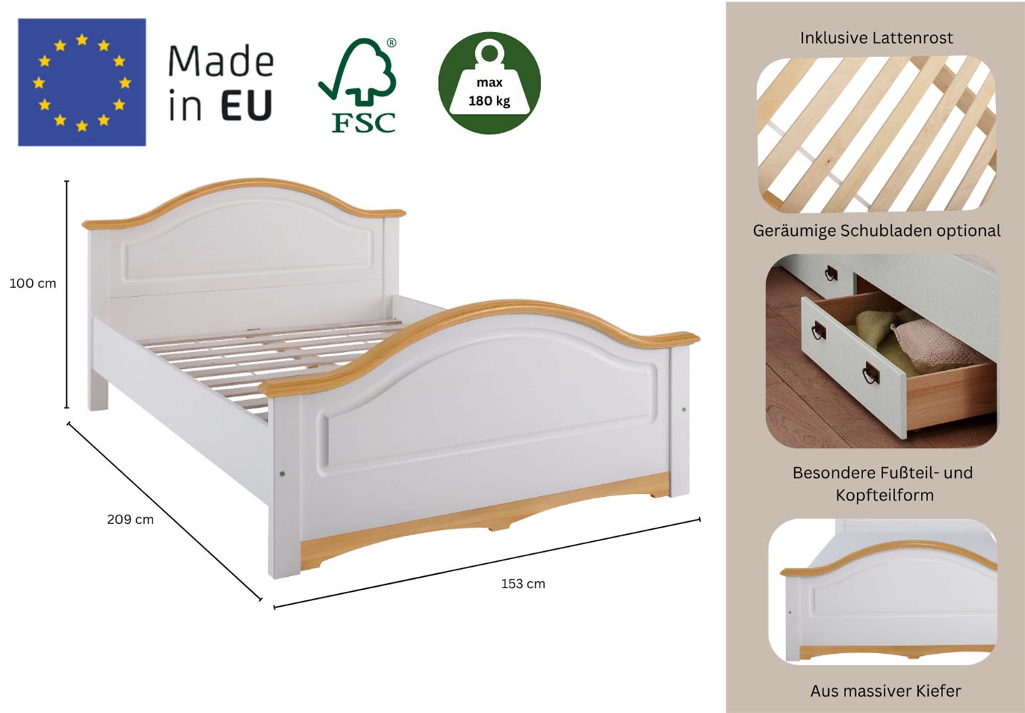 GOODproduct Massivholzbett »Konrad, hohe Belastbarkeit! FSC® zertifiziertes Massivholz« Breite/Belastbarkeit 180cm/220 KG, 140cm/180 KG,  aus massivem Kiefernholz, FSC®-zertifiziert, INKLUSIVE Rollrost