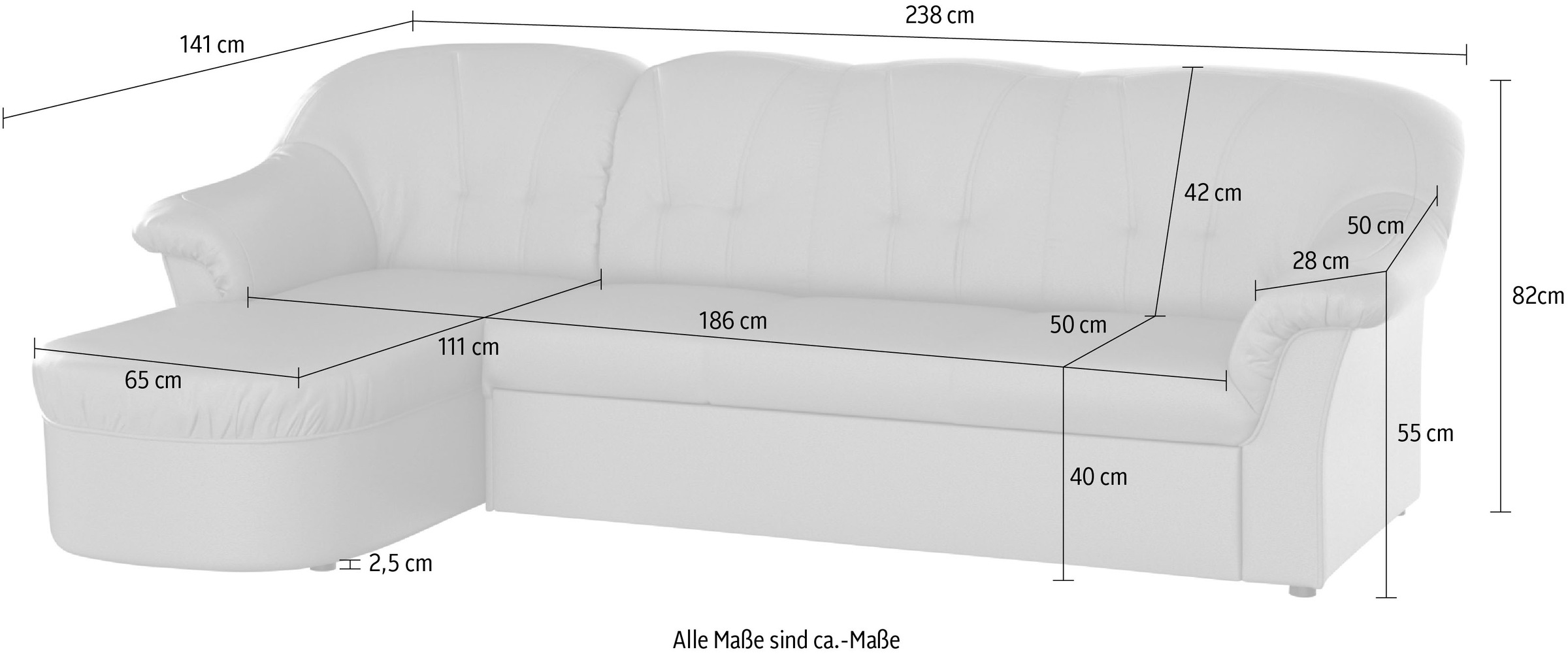 DOMO collection Ecksofa »Pegnitz, elegante Rückensteppung, kompakte Stellmasse 238/141cm, L-Form«, wahlweise mit Bettfunktion