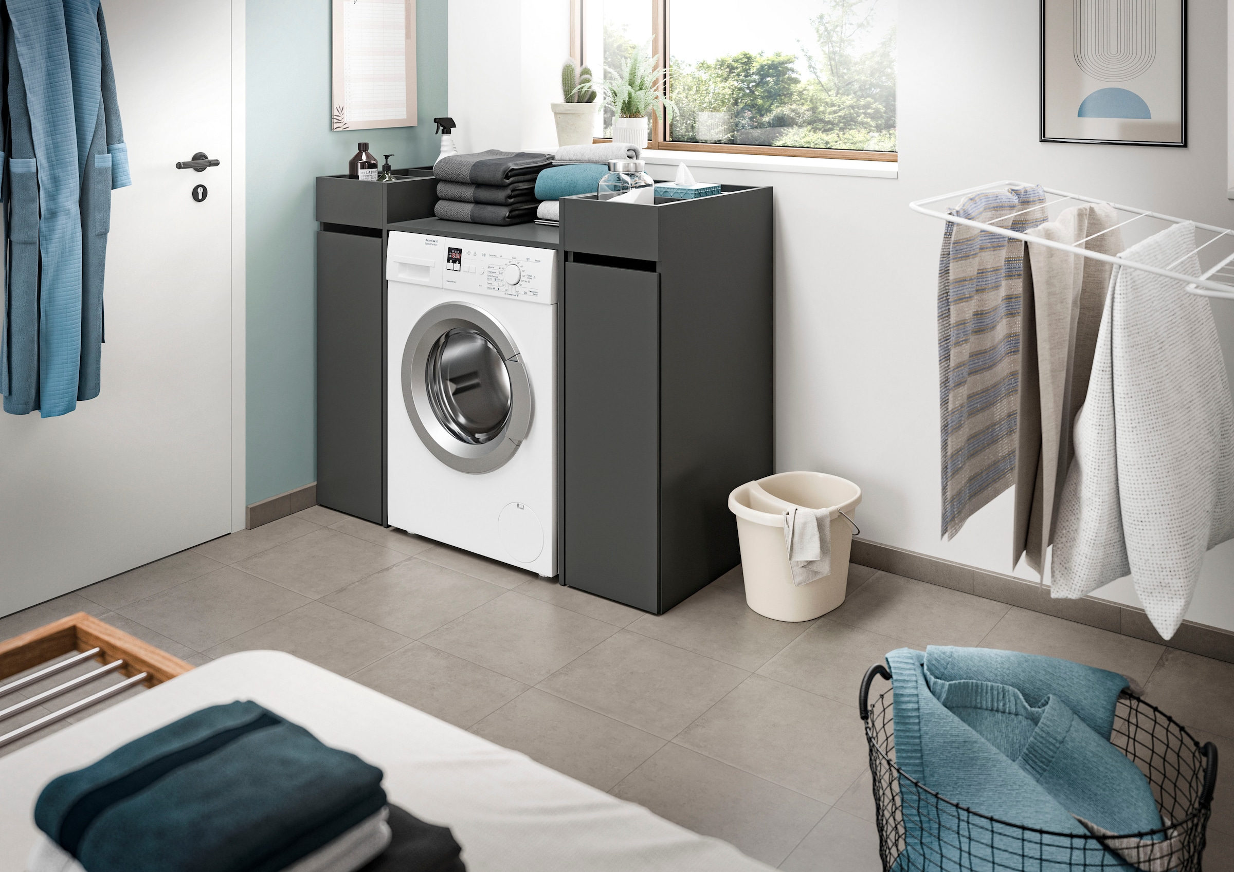 welltime Ensemble de meubles de salle de bain »FALAS,  3-teilig, Hauswirtschaftsraum Set, Breite 124 cm« Ensemble, composé de : meuble d’encastrement lave-linge et 2 étagères, 3 cuis tlg.