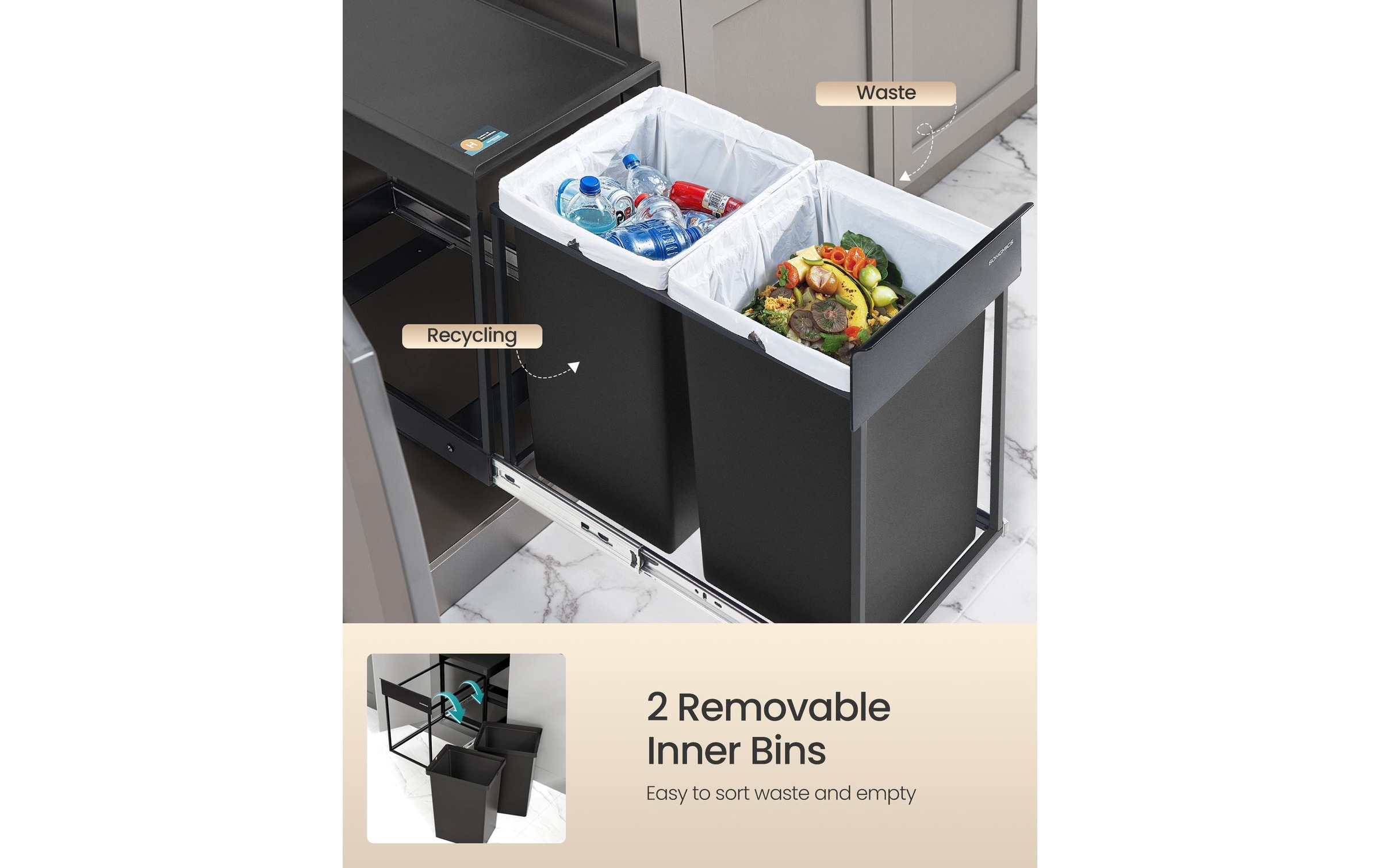 Image of SONGMICS Mülltrennsystem 2 Behälter Ausziehbarer Küchenabfalleimer mit zwei Fächern
