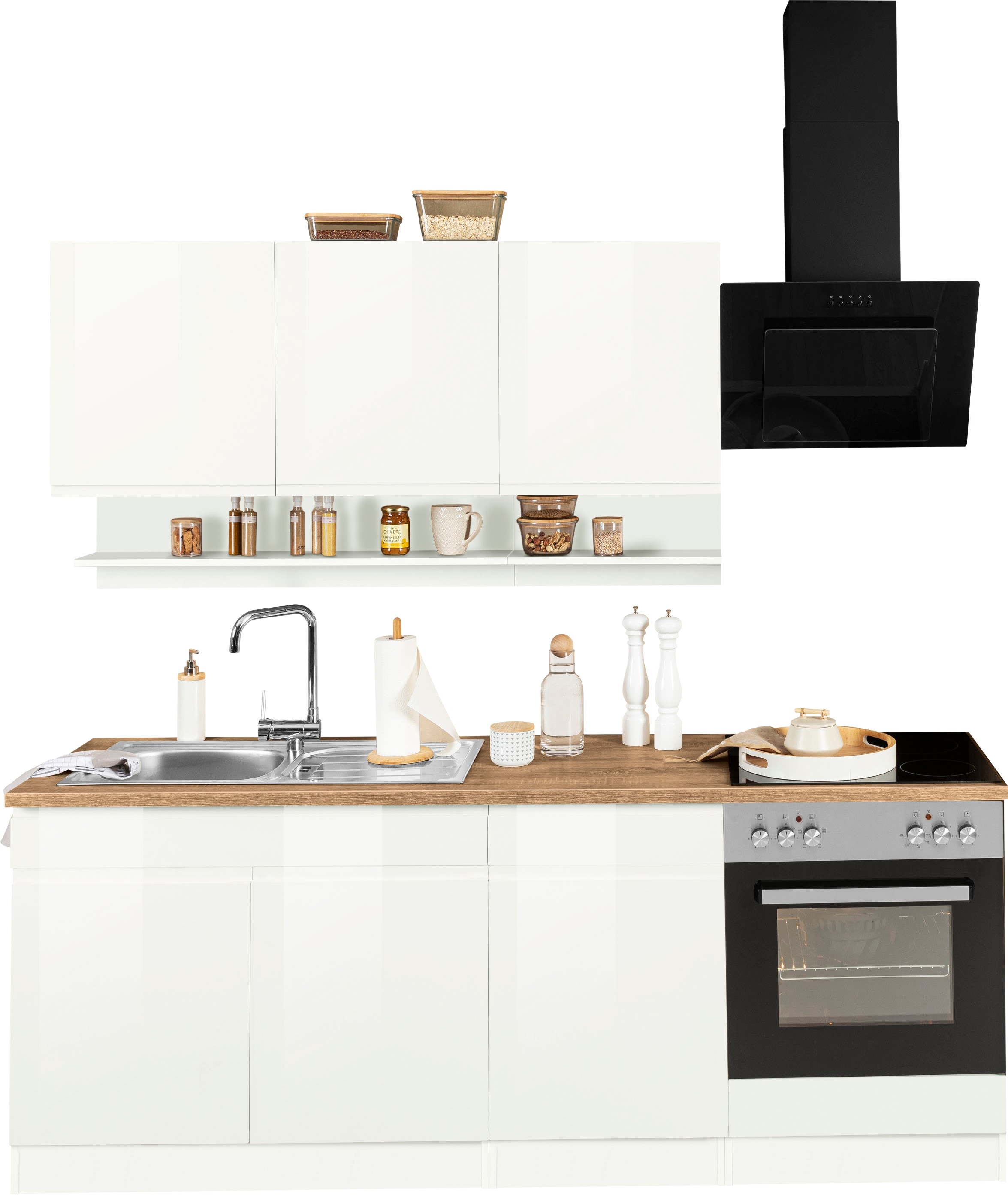 KOCHSTATION Küchenzeile »KS-Virginia,neu in verbesserter Ausführung« Arbeitsplatte 38 mm stark, Stauraum, Softclose,  Breite 210 cm,Soft-Close,wahlweise mit E-Geräten
