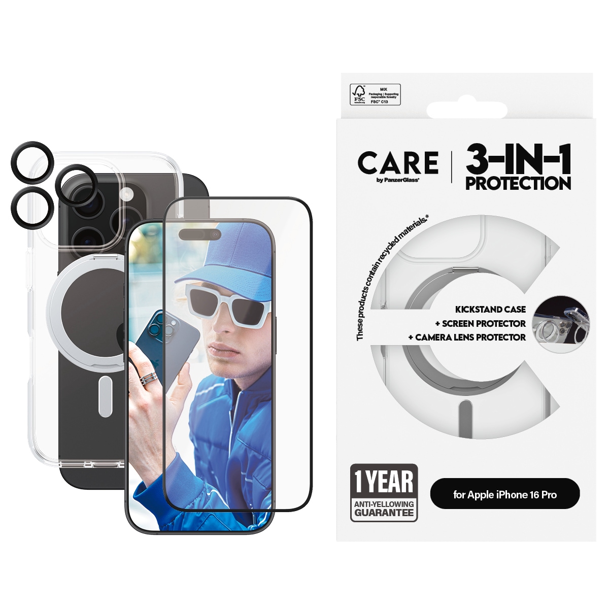 Image of CARE by PanzerGlass Displayschutzglas "3-in-1 Protection, Ceramic Glass, Kickstand Case, Lens Cover" für Apple iPhone 16 Pro Displayschutzfolie, Schutzfolie, Bildschirmschutz, kratz- & stossfest
