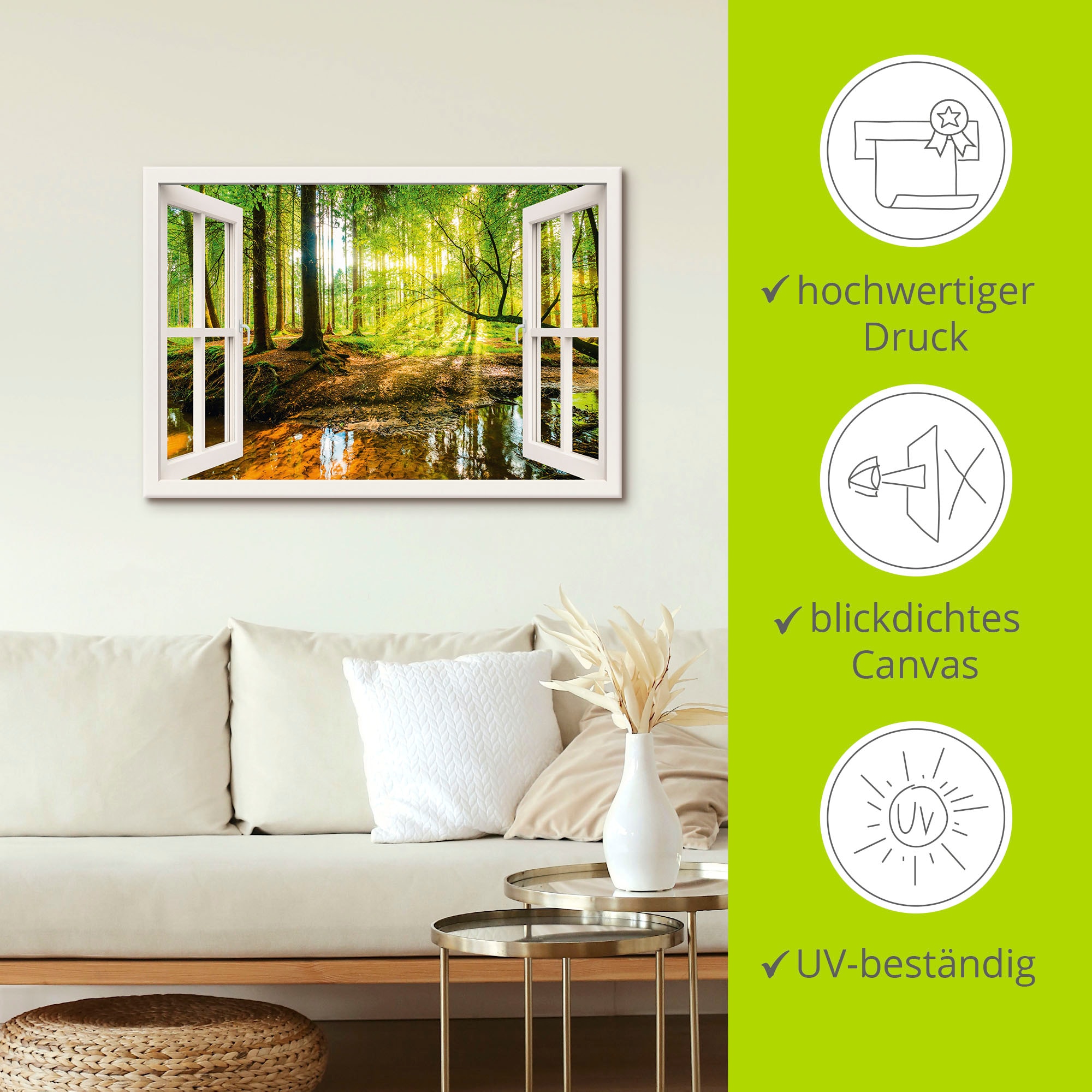 Artland Wandbild »Fensterblick - Wald mit Bach«, Wald, (1 St.), als Leinwandbild, Poster, Wandaufkleber in verschied. Grössen