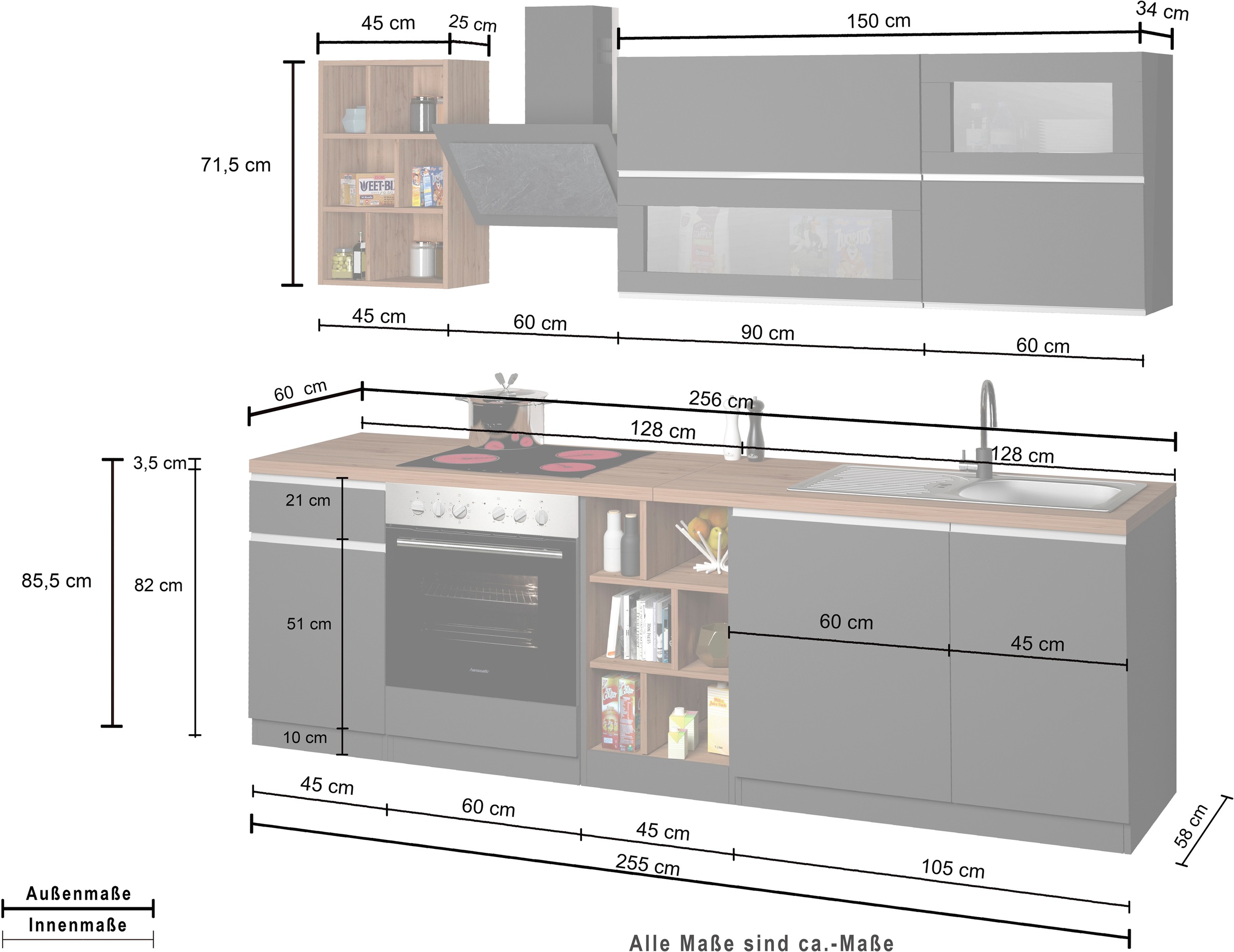 KOCHSTATION Kitchenette »KS-Sole« Breite 256 cm, Hängeschränke mit Milchglas, ohne E-Geräte