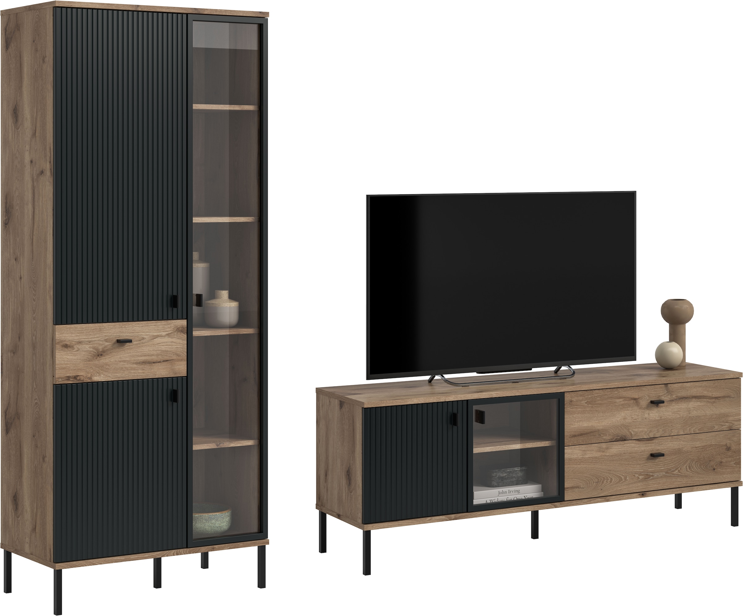 Image of INOSIGN Wohnwand "TREVERK, Breite: 252 cm, hochwertige MDF-Front schwarz tiefzieh" Set, Set, best. aus: 1 Stauraumvitrine, 1 Lowboard, 2 Stk. tlg.