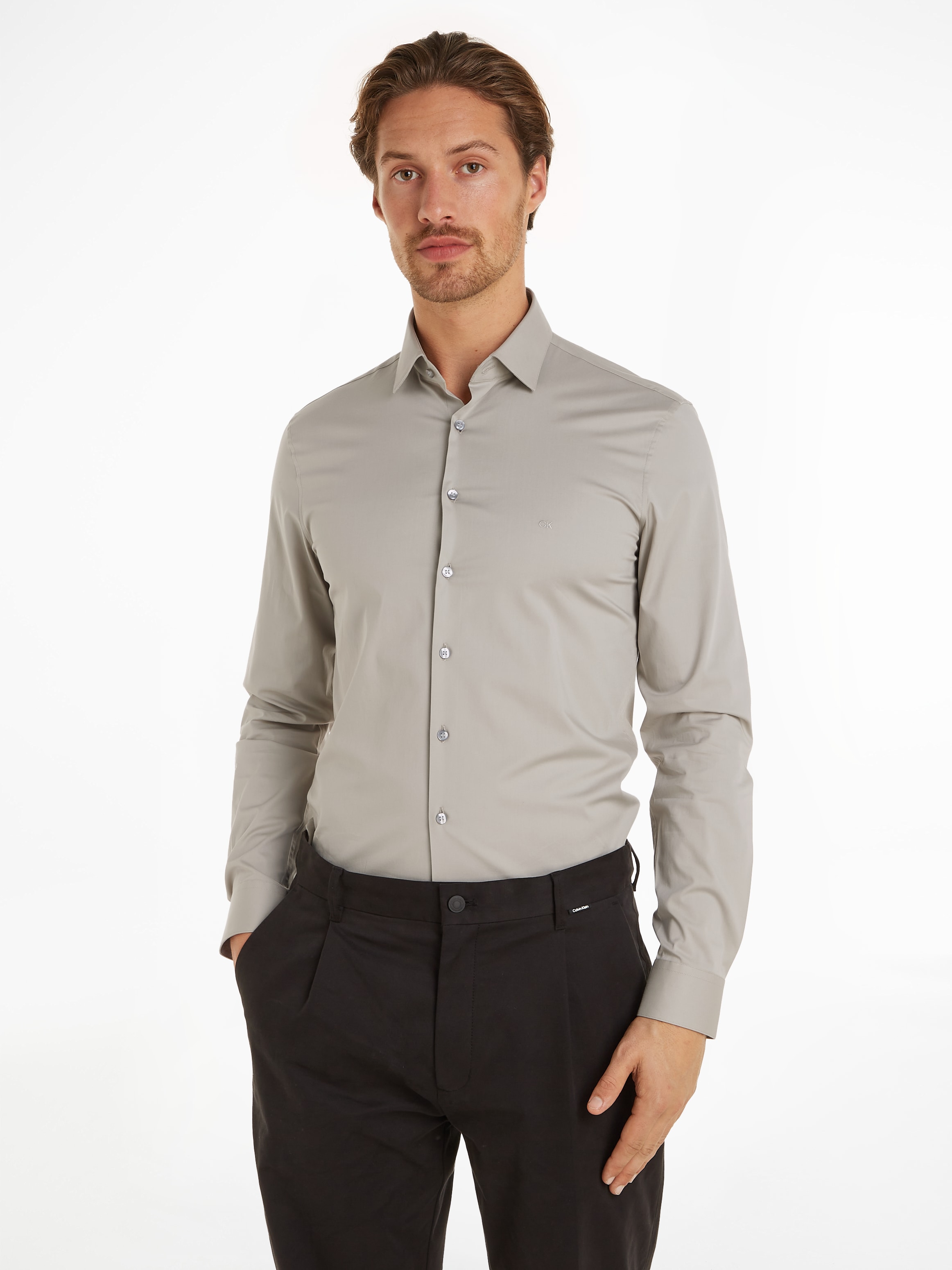 Businesshemd »POPLIN STRETCH SLIM SHIRT«, mit Kentkragen, Logoprint auf Brusthöhe