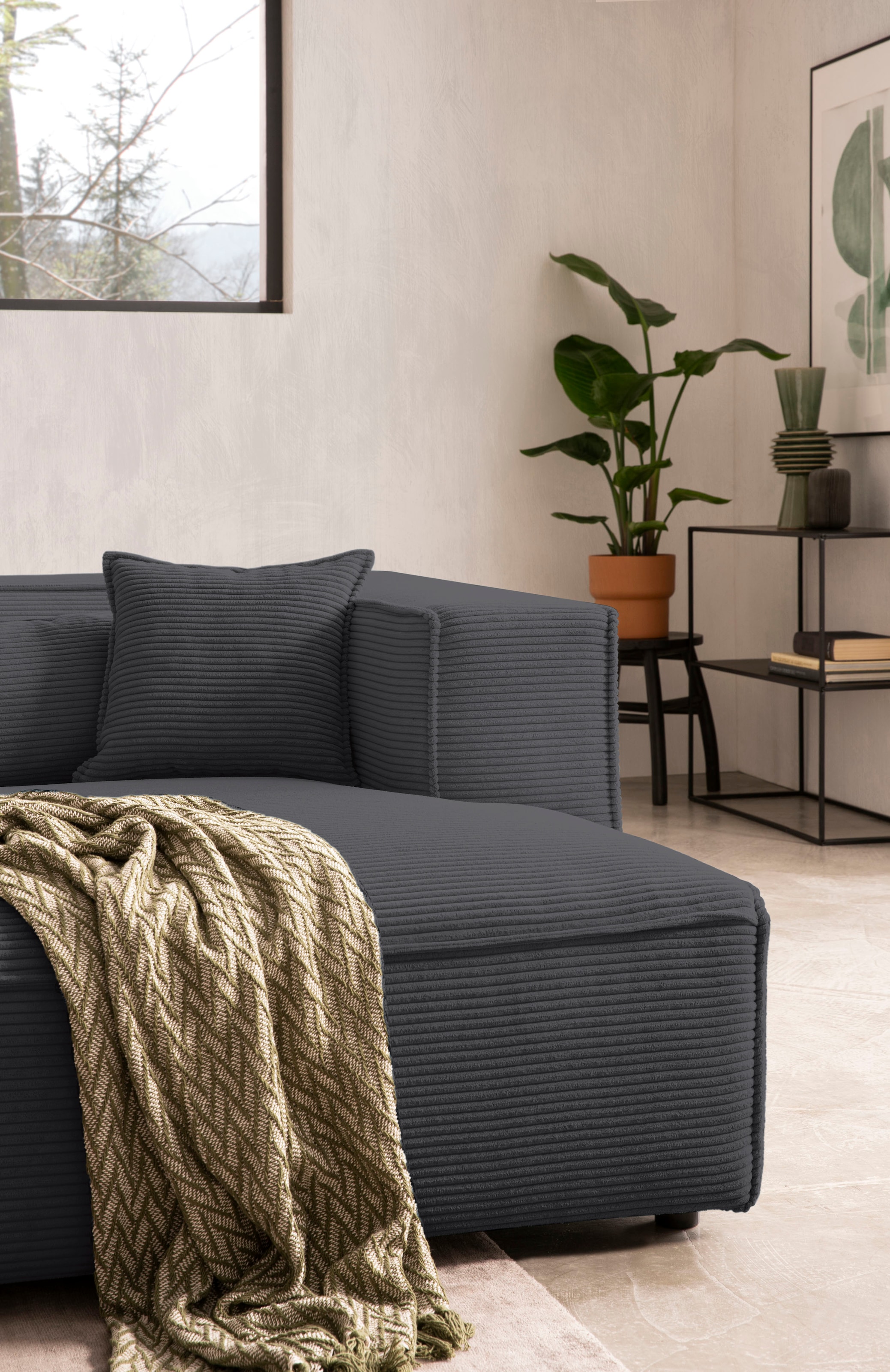 LeGer Home by Lena Gercke Canapé d'angle »PIARA mit Kedernaht, Cord, Leinenoptik o. Strukturstoff, Couch, L-Form« wahlweise Ottomane rechts/links, schwarze Füsse, bequemer Sitzkomfort